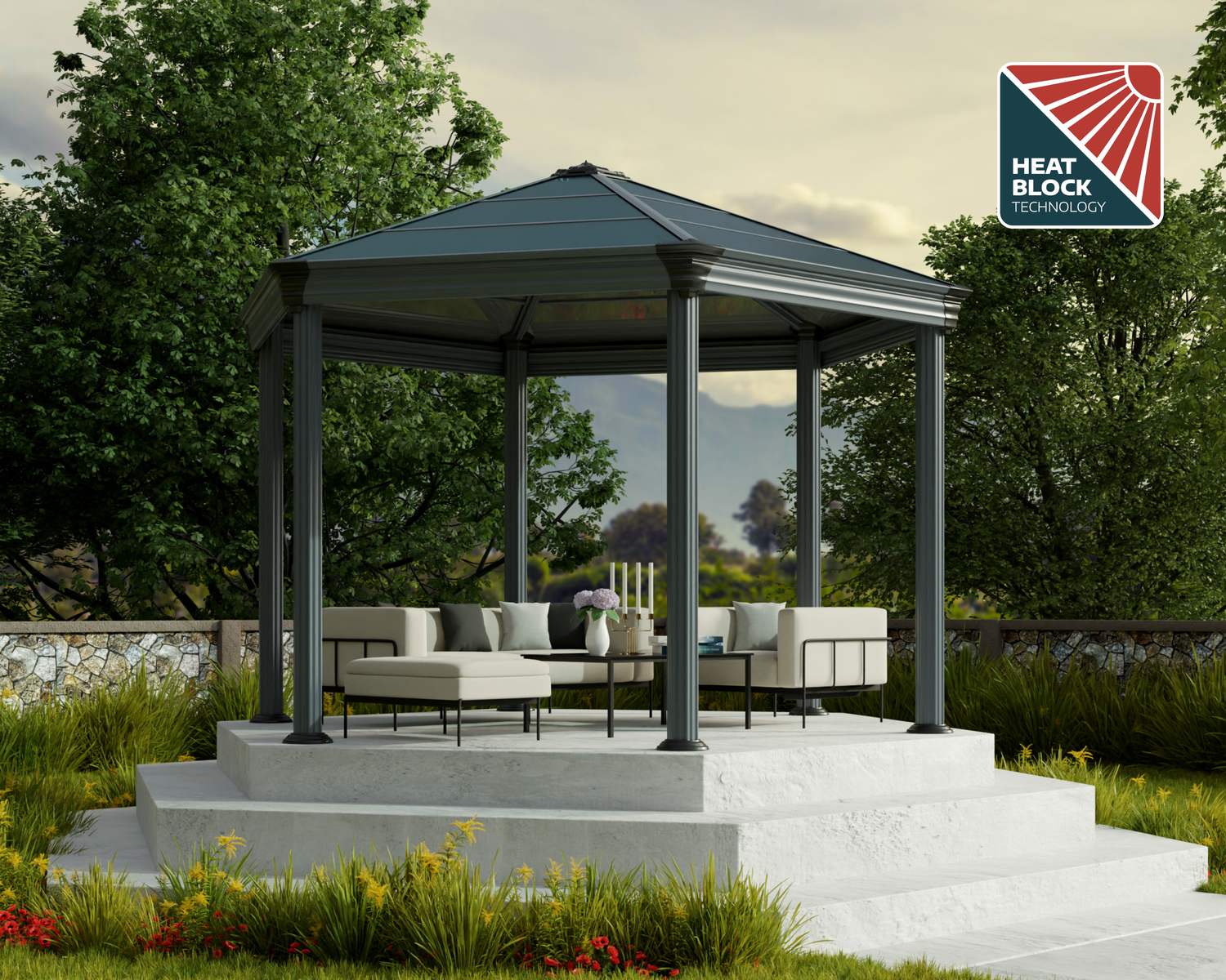 Roma 12ft x 14ft grey aluminum gazebo with a stylish design and durable frame, ideal for enhancing any outdoor space