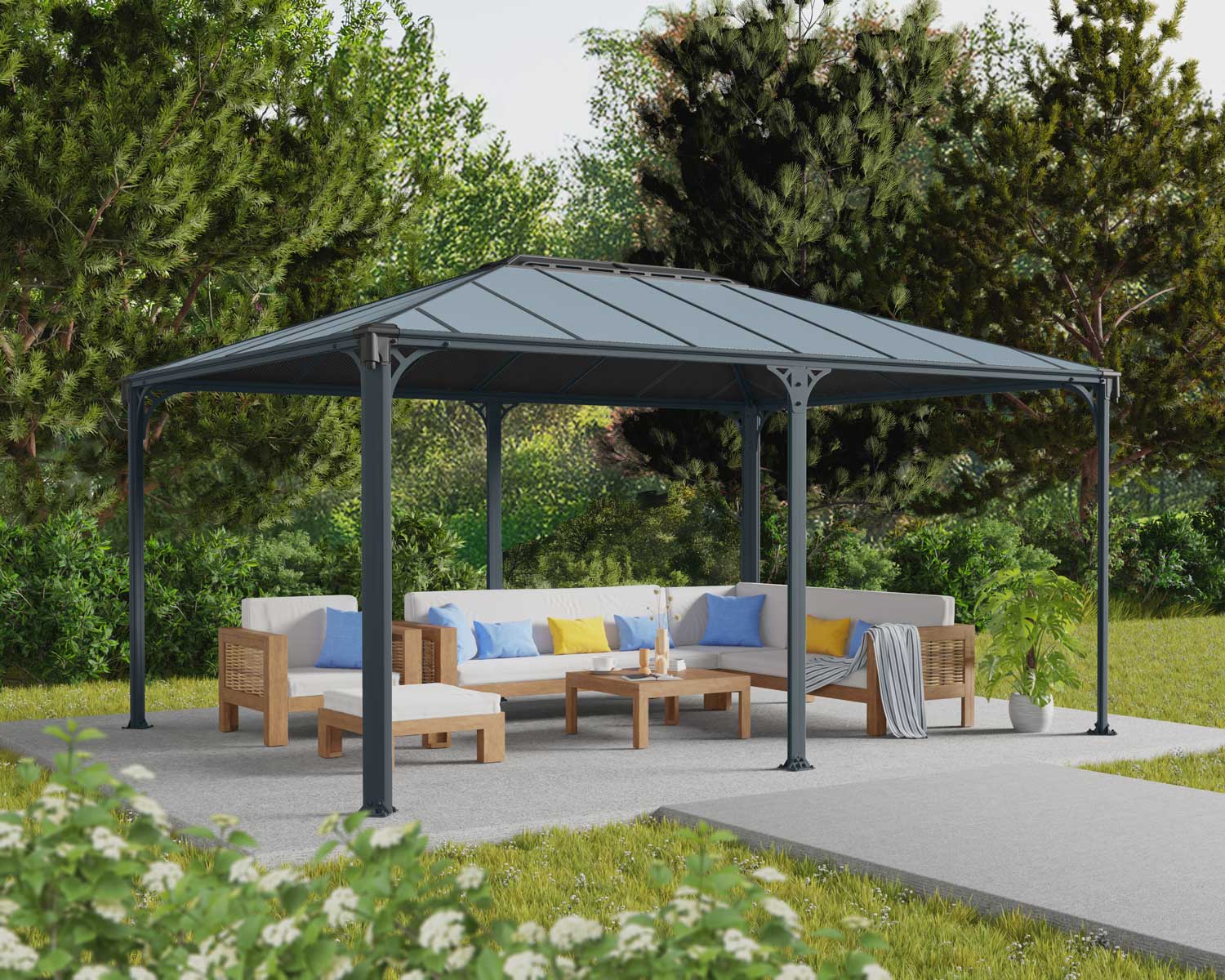 Martinique 12ft x 16ft grey aluminum gazebo with a sleek design, set in front of a brick house for a stylish outdoor retreat.