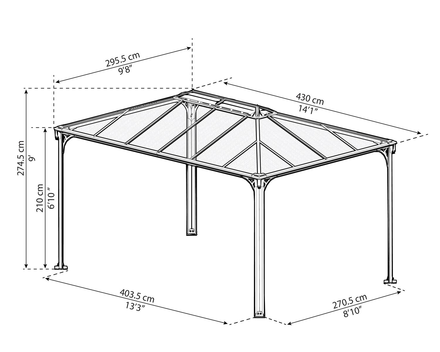 Martinique 10ft x 14ft grey aluminum gazebo with a stylish design and sturdy frame, ideal for elevating your outdoor living area sketch