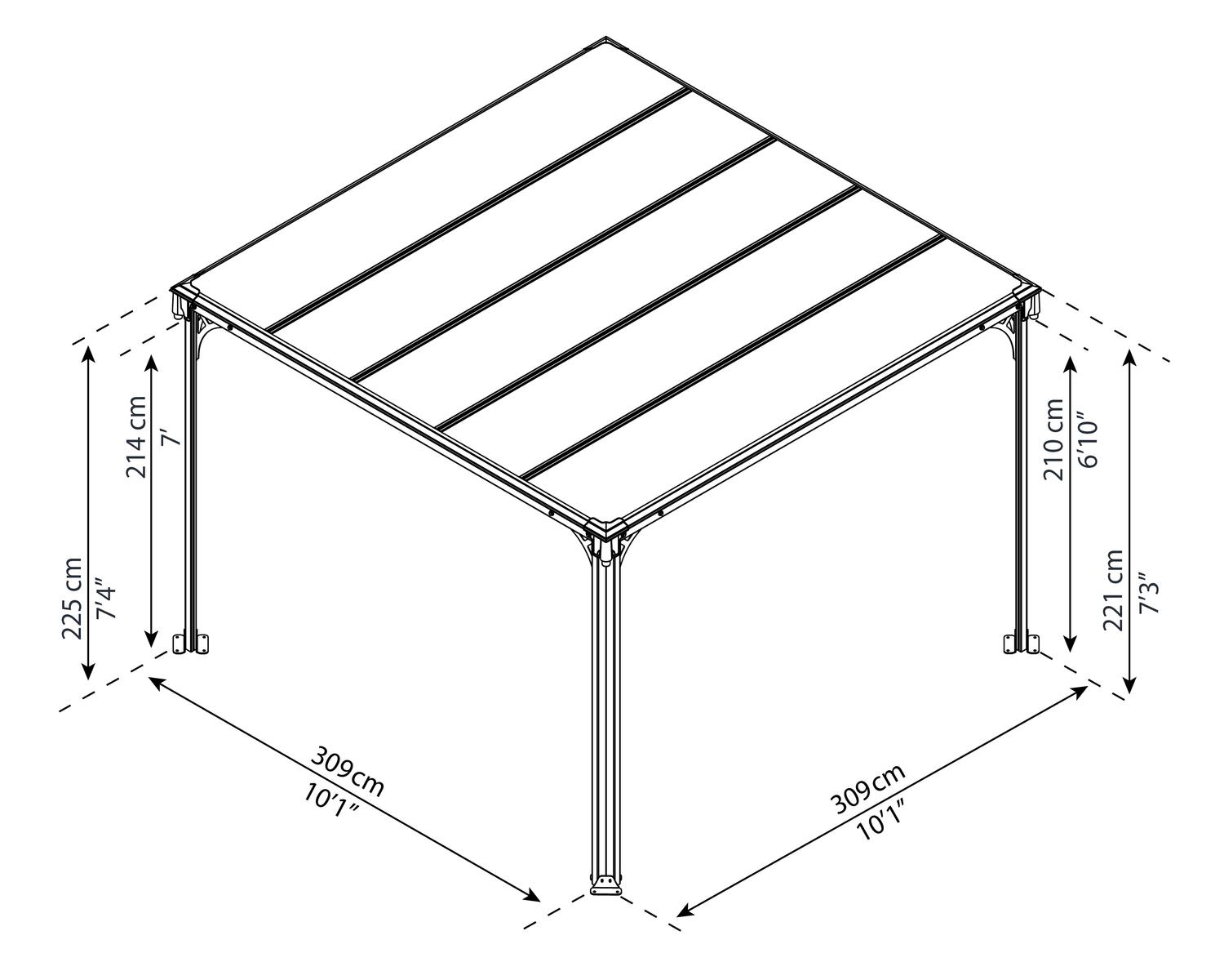 Milano 10ft x 10ft grey aluminum gazebo with a modern design, featuring a wicker sofa set surrounded by greenery sketch