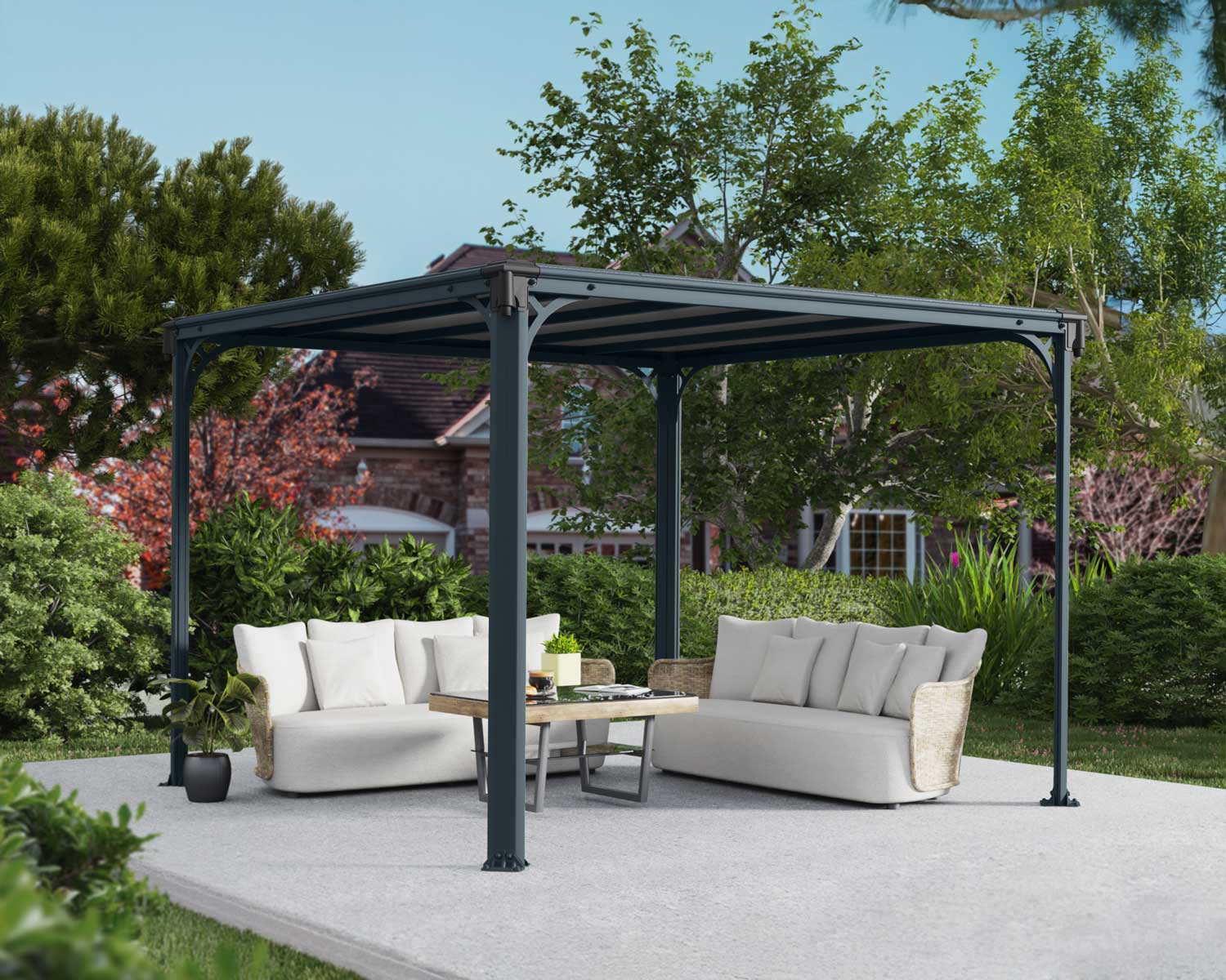 Milano 10ft x 10ft grey aluminum gazebo with a modern design, featuring a wicker sofa set surrounded by greenery