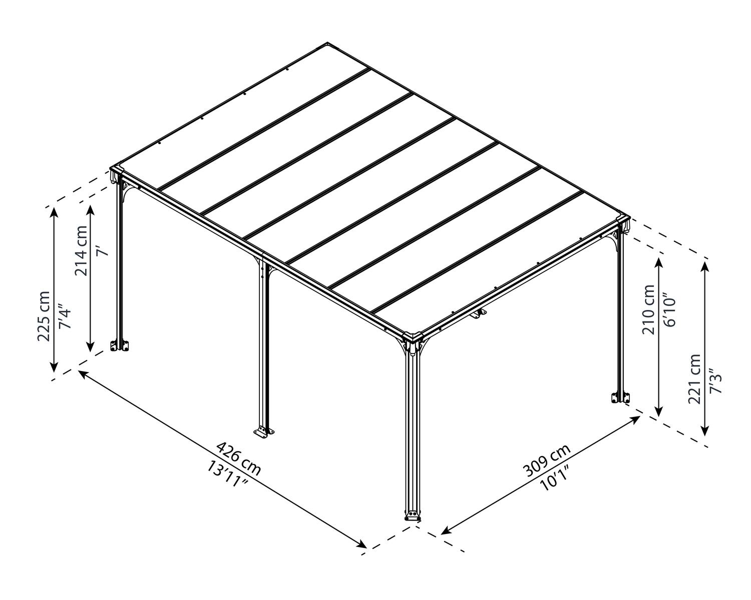Milano 10ft x 14ft grey aluminum gazebo with a modern design, ideal for an outdoor dining area with string lights on a wooden deck sketch