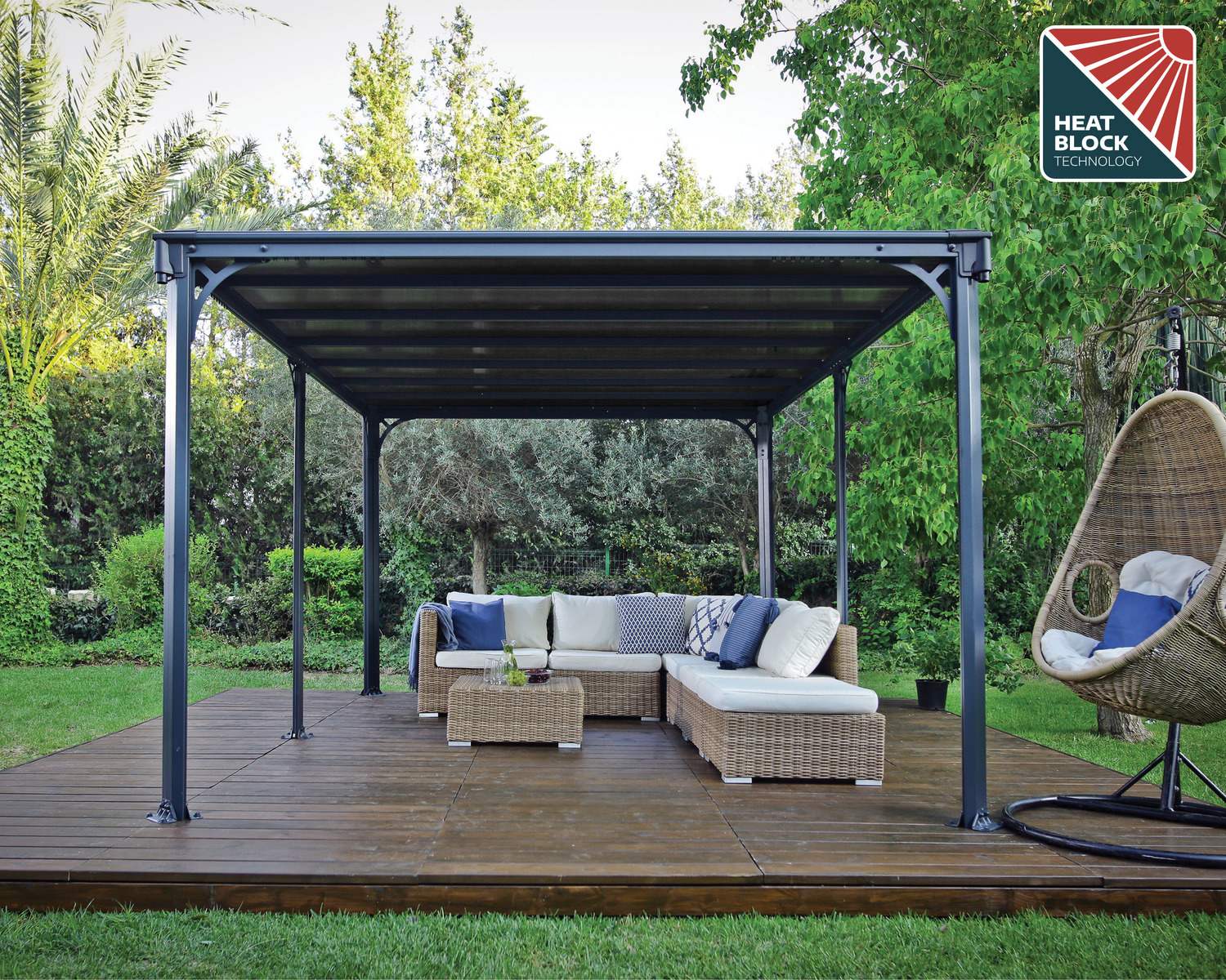 Milano 10ft x 14ft grey aluminum gazebo with a modern design, ideal for an outdoor dining area with string lights on a wooden deck
