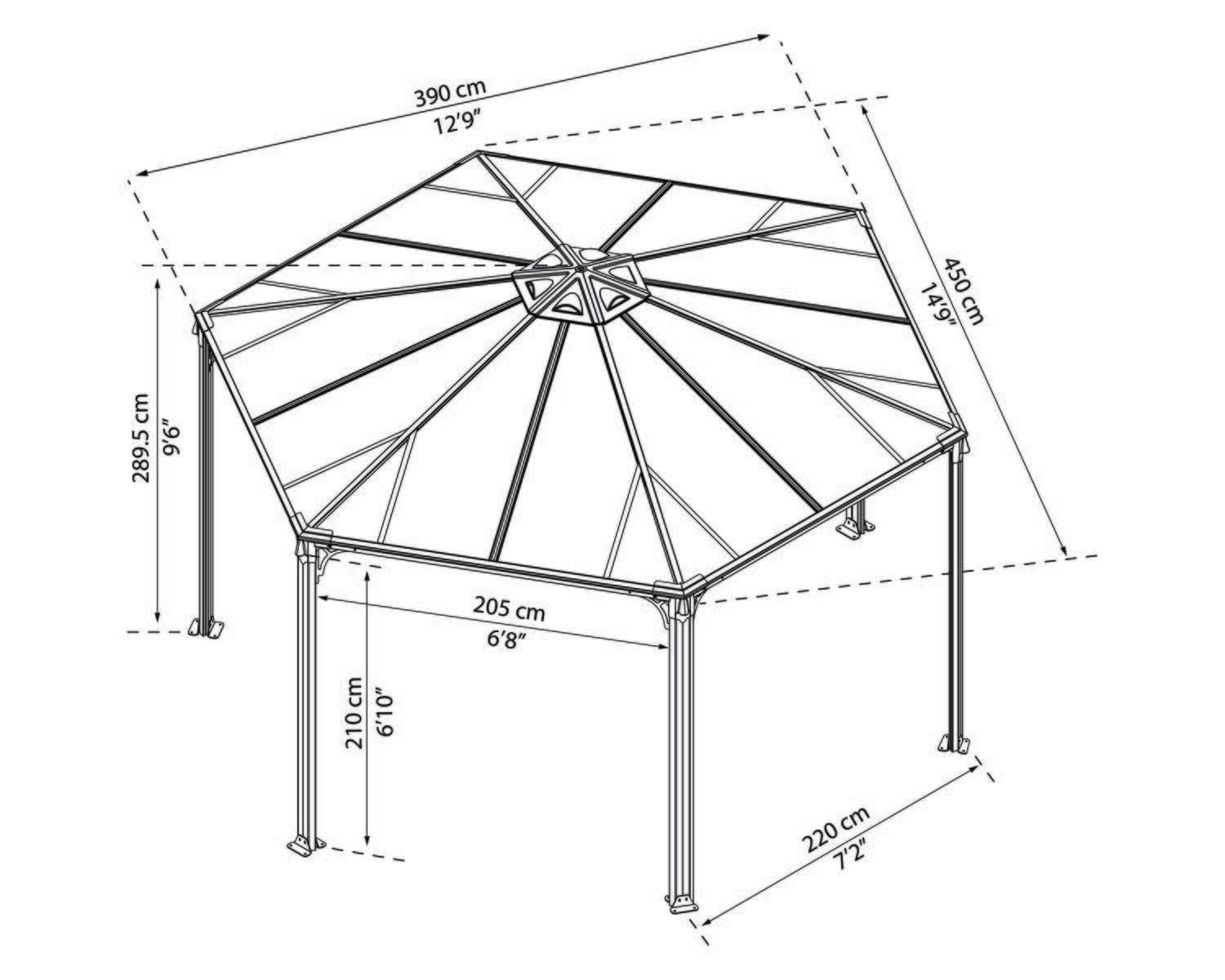 Monaco 13ft x 15ft grey hexagonal aluminum gazebo with wooden table and chairs on a paved patio, set in a lush garden at sunset sketch