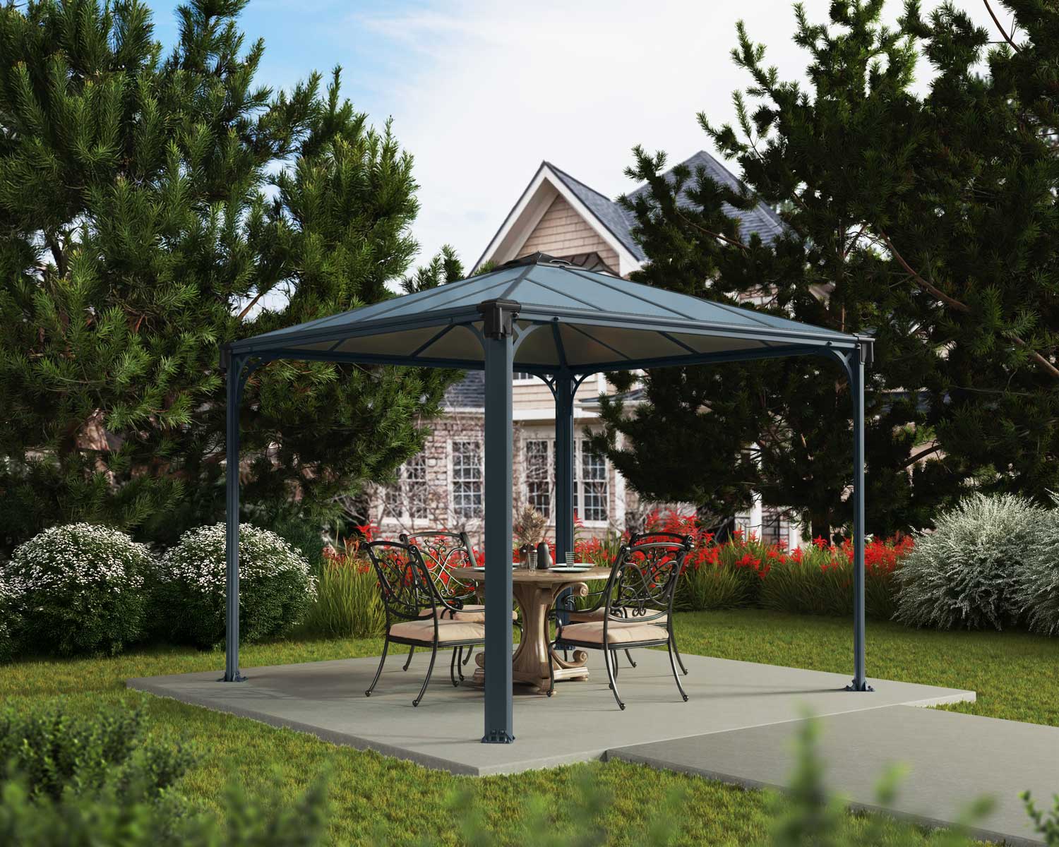 Palermo 10ft x 10ft grey aluminum gazebo with a sleek design and sturdy frame, featuring a dining set on a deck in a garden