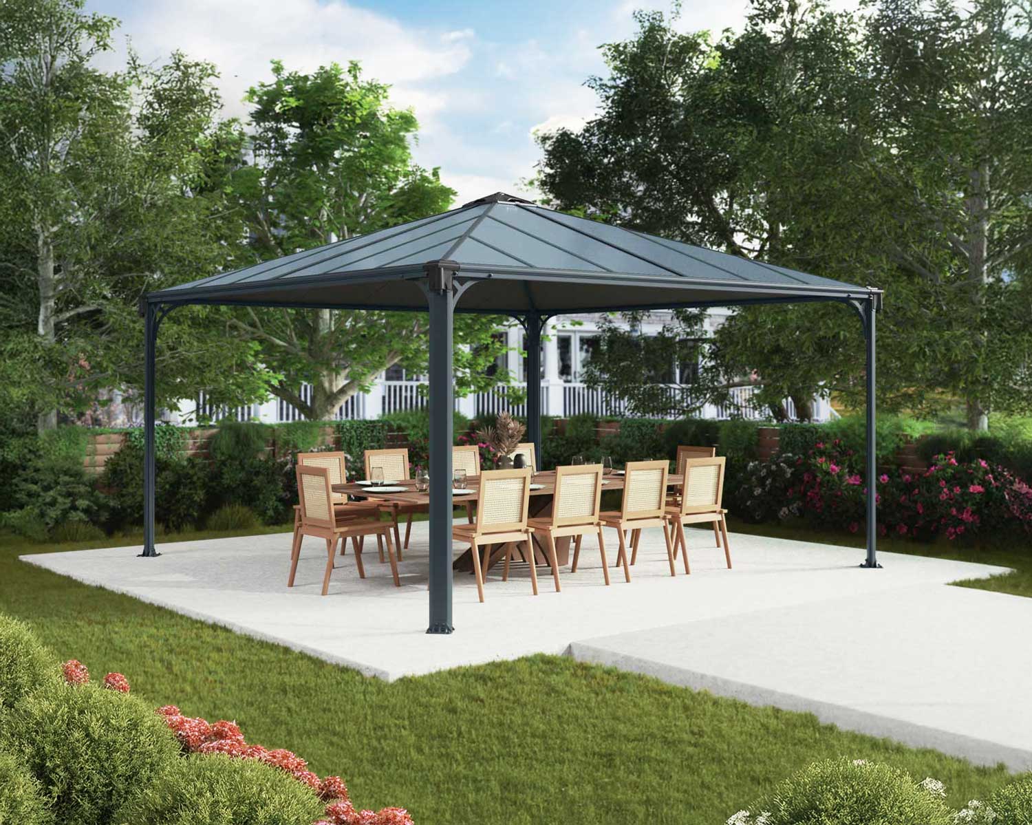 Palermo 14ft x 14ft grey aluminum gazebo with a modern design, sturdy frame, and spacious open structure, set on a deck with a green landscape