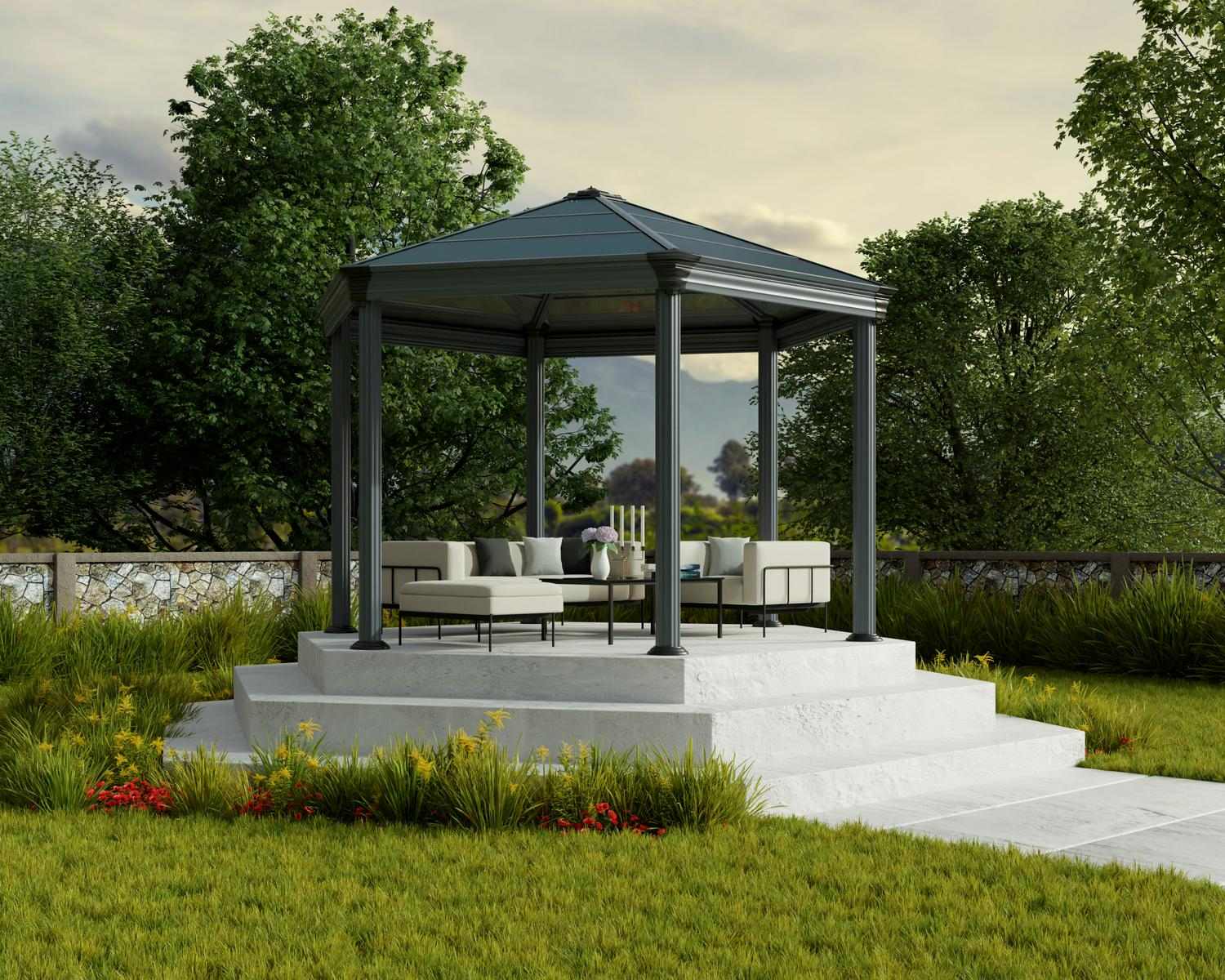 Roma 12ft x 14ft grey aluminum gazebo with a stylish design and durable frame, ideal for enhancing any outdoor space