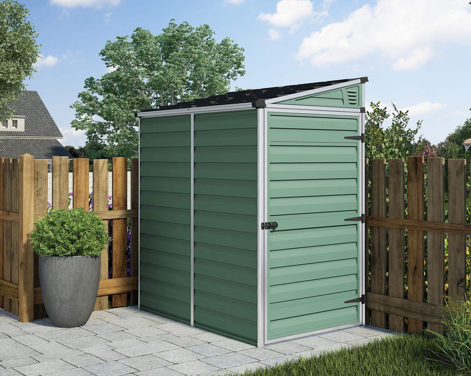 Green pent plastic storage shed, 4 ft x 6 ft, showcasing a sturdy construction and ample storage capacity