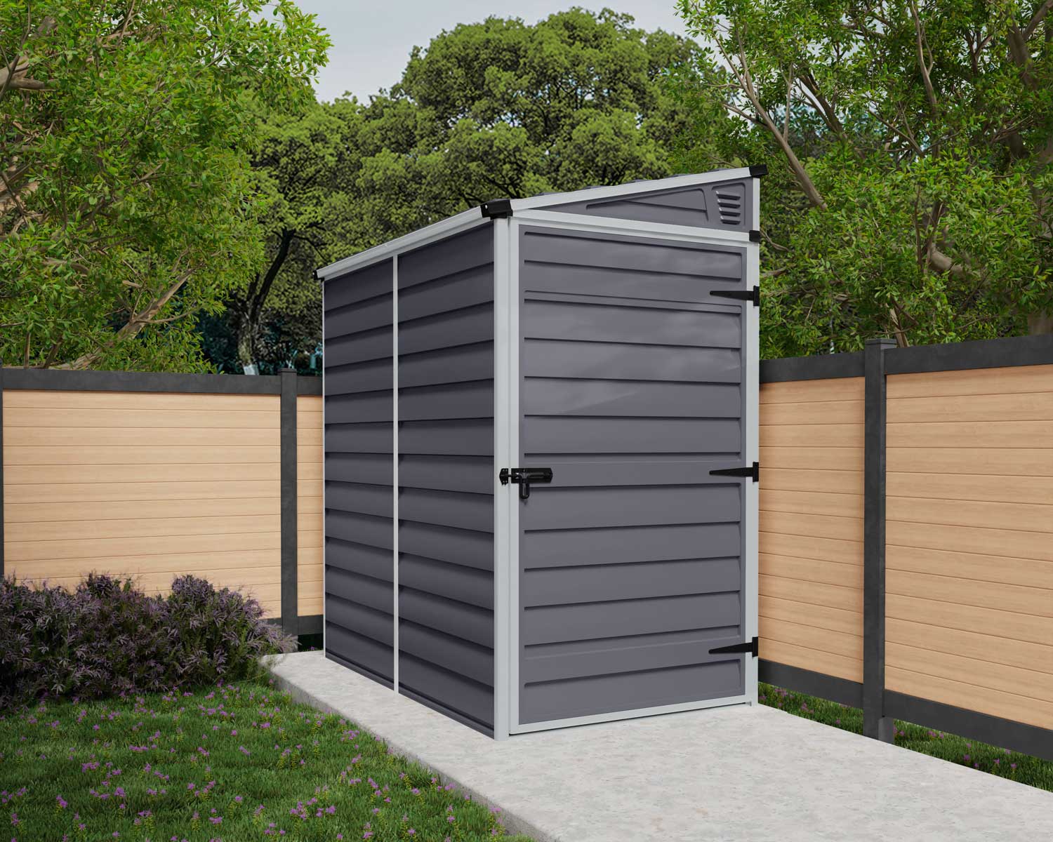 Sturdy grey pent plastic storage shed, 4 ft x 6 ft, offering generous storage space and a durable design