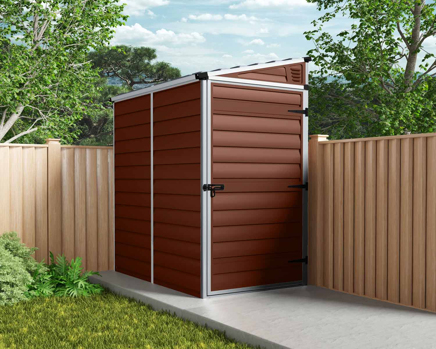 amber pent plastic storage shed, 4 ft x 6 ft, showcasing a sturdy construction and ample storage space