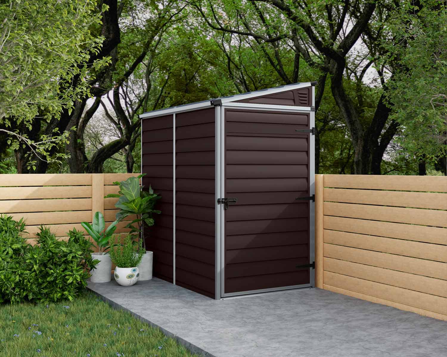 brown pent plastic storage shed, 4 ft x 6 ft, showcasing a sturdy construction and ample storage space