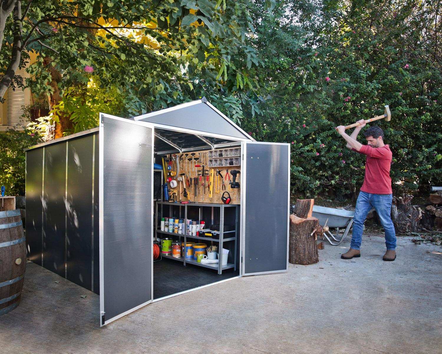 Rubicon 6' x 10' Plastic Garden Shed with Open Doors Dark Grey Polycarbonate Walls and Aluminium Frame