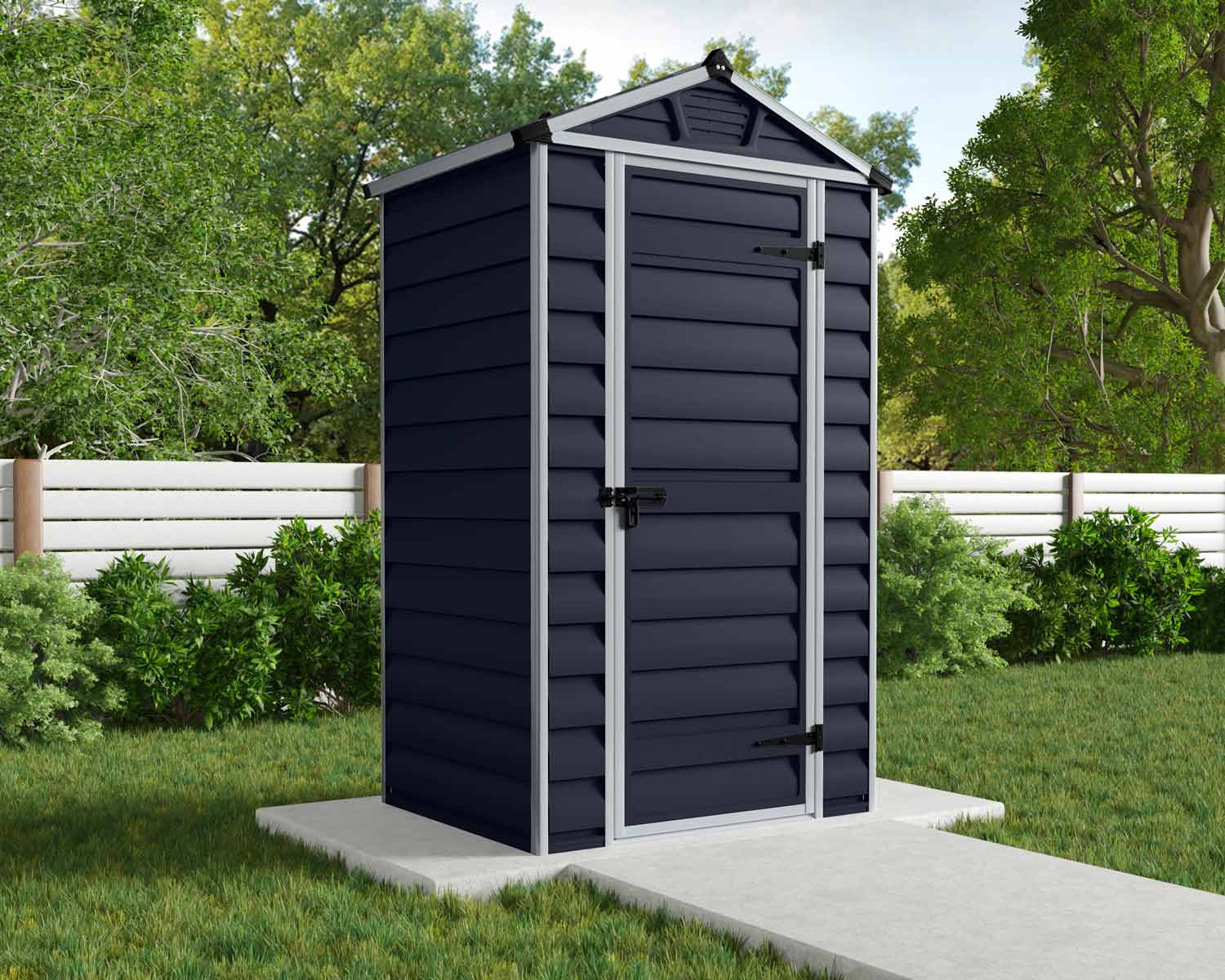 Midnight grey SkyLight plastic shed, 4 ft x 3 ft, with a sloped roof and modern design, in a garden with plants