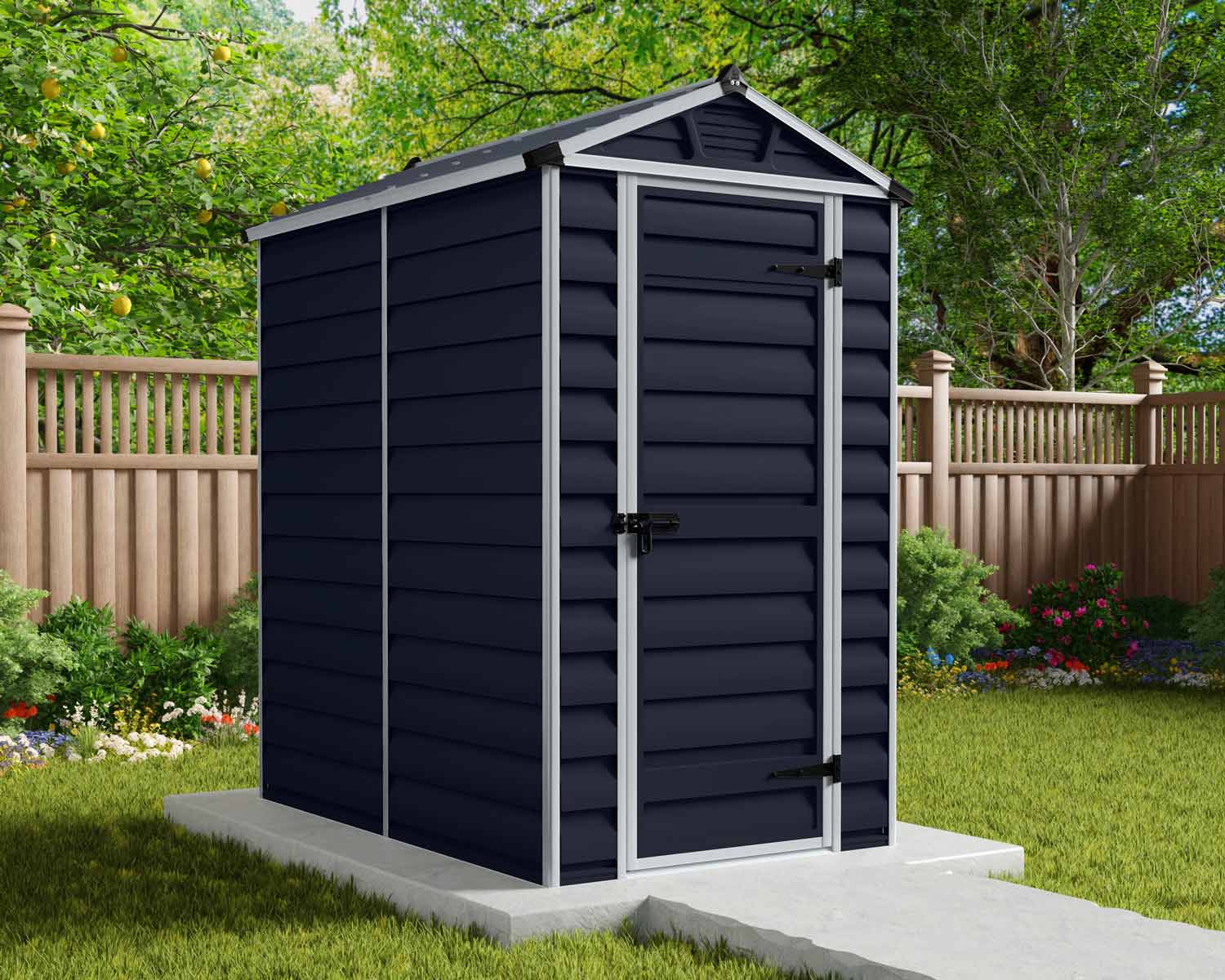 Midnight grey Skylight plastic shed, 4 ft x 6 ft, with modern design and white trim, on a concrete base in a green backyard