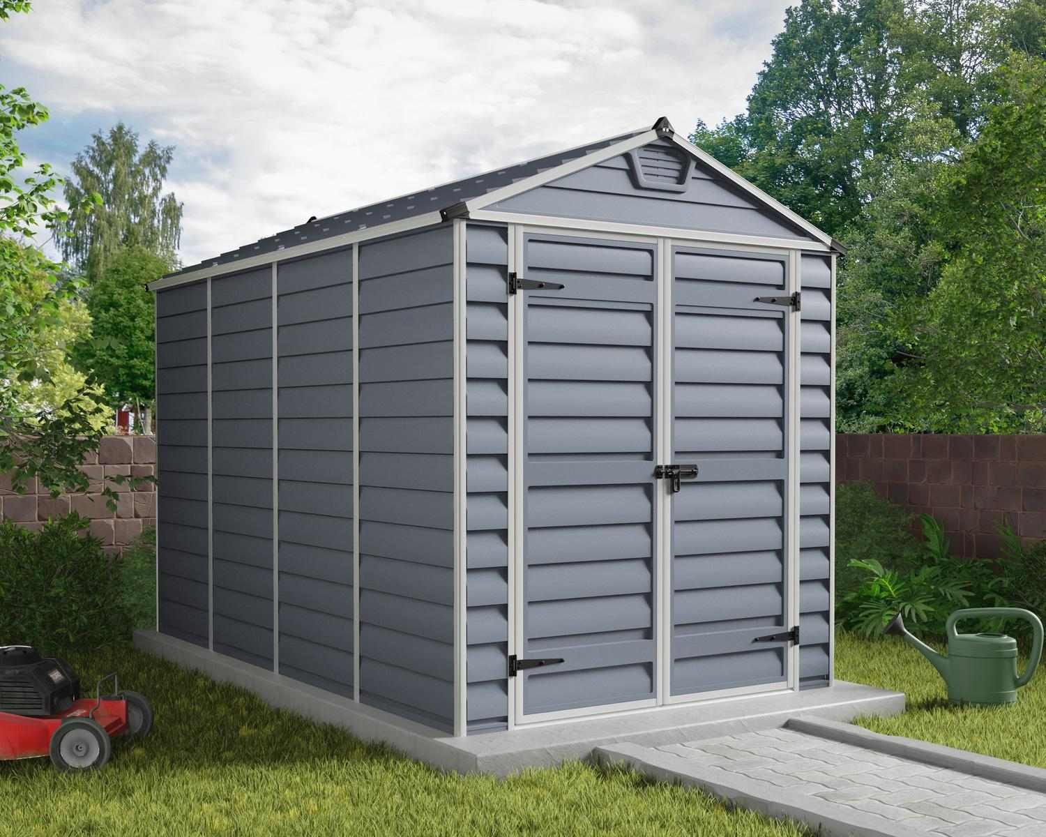 Skylight Plastic Storage Shed 6ft x 10ft Grey, featuring a sleek and modern design, set in a spacious backyard for outdoor storage