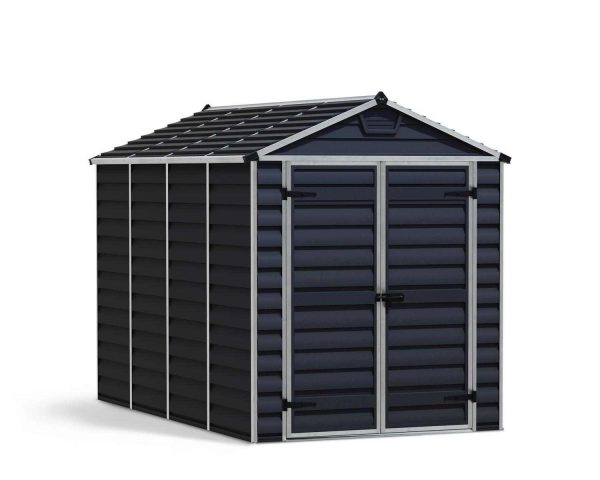 Skylight Plastic Storage Shed 6ft x 10ft in Midnight Grey, offering a peek inside its expansive, well-lit interior