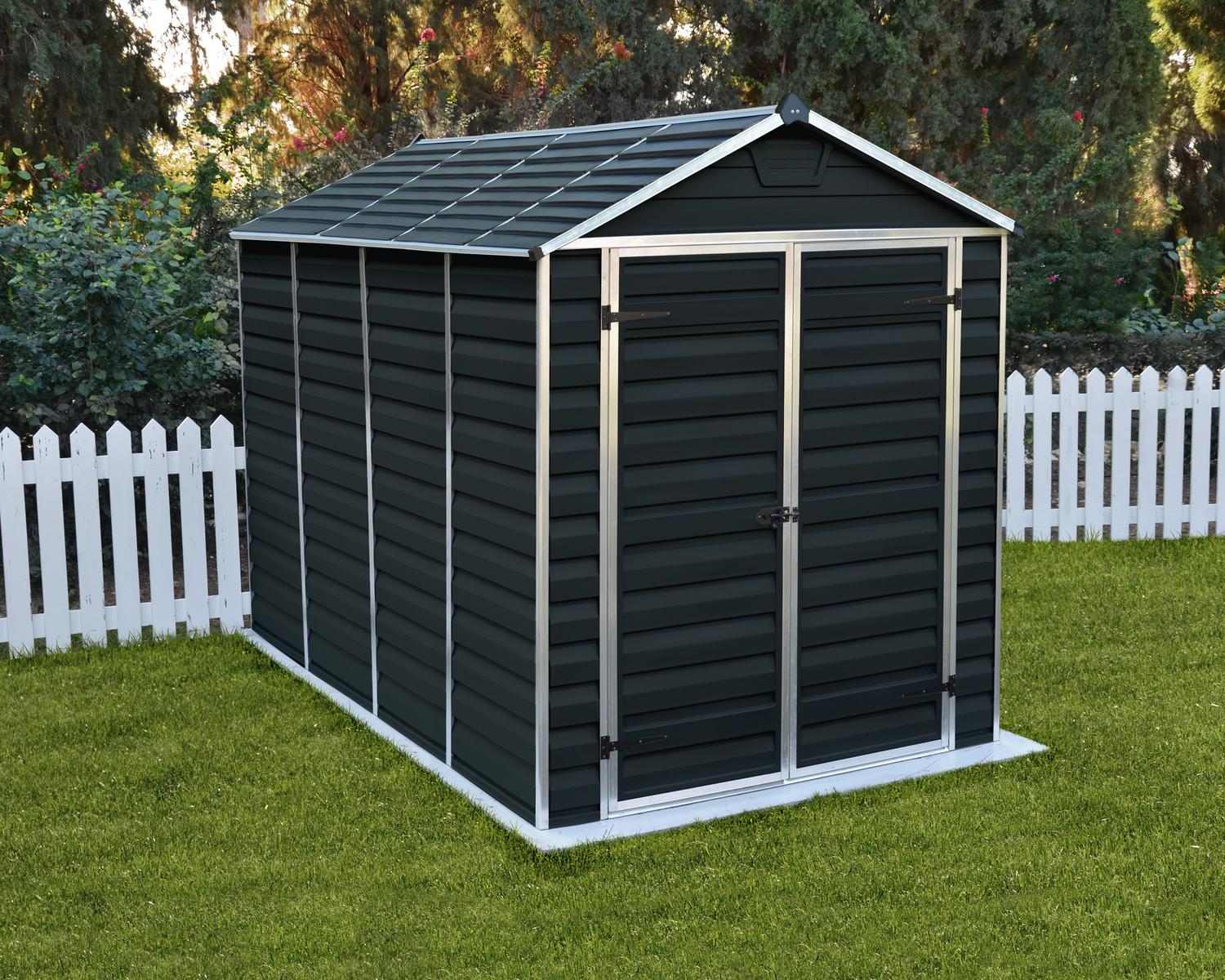 Skylight Plastic Storage Shed 6ft x 10ft in Midnight Grey, featuring a sleek and modern design, set in a backyard space