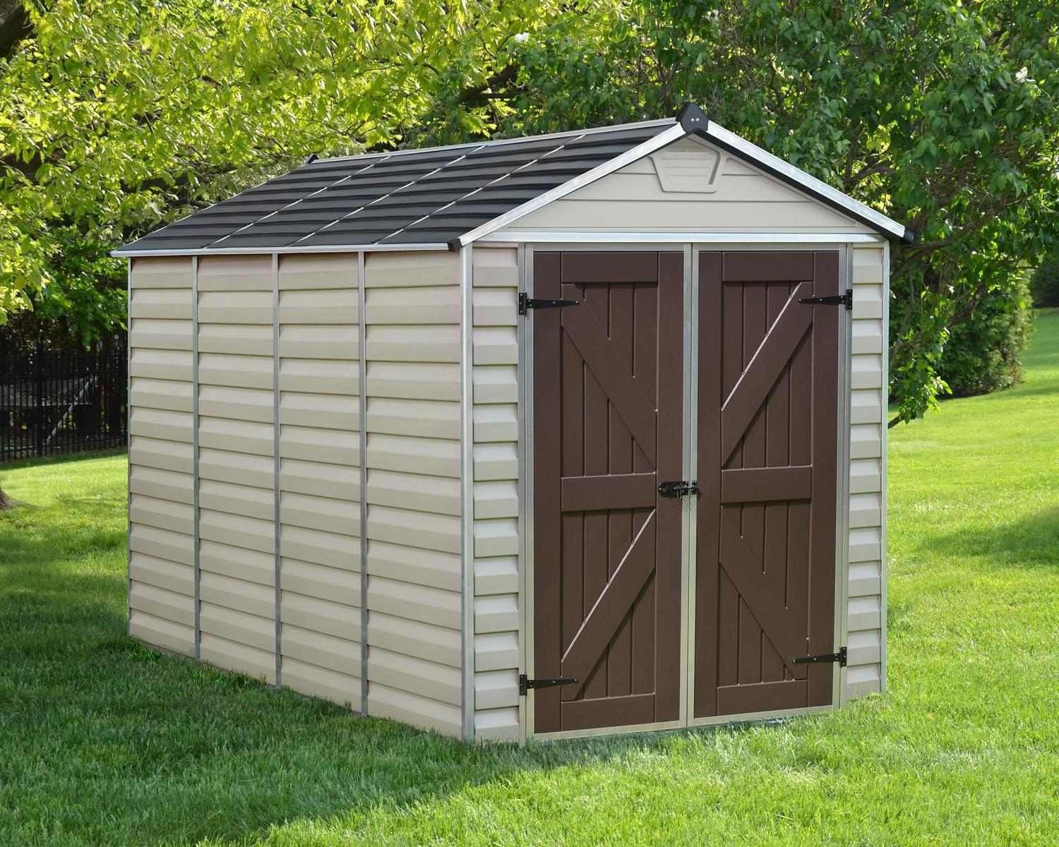 Skylight Garden Shed 6ft x 10ft in Tan, featuring a durable and modern design, set on a lush green lawn in a backyard