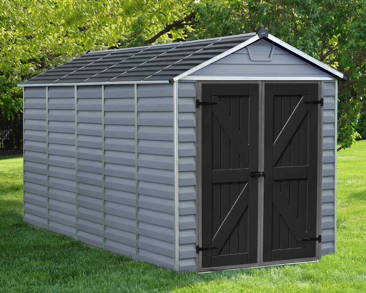 Skylight Plastic Storage Shed 6ft x 12ft in Grey-Black Deco, with a modern design and natural light-filled interior in a vibrant backyard