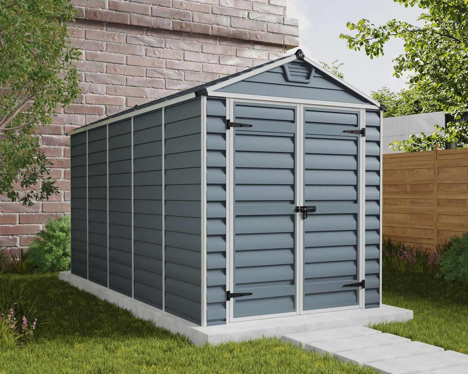 Skylight Plastic Storage Shed 6ft x 12ft in Grey, offering a stylish, spacious design, nestled in a backyard