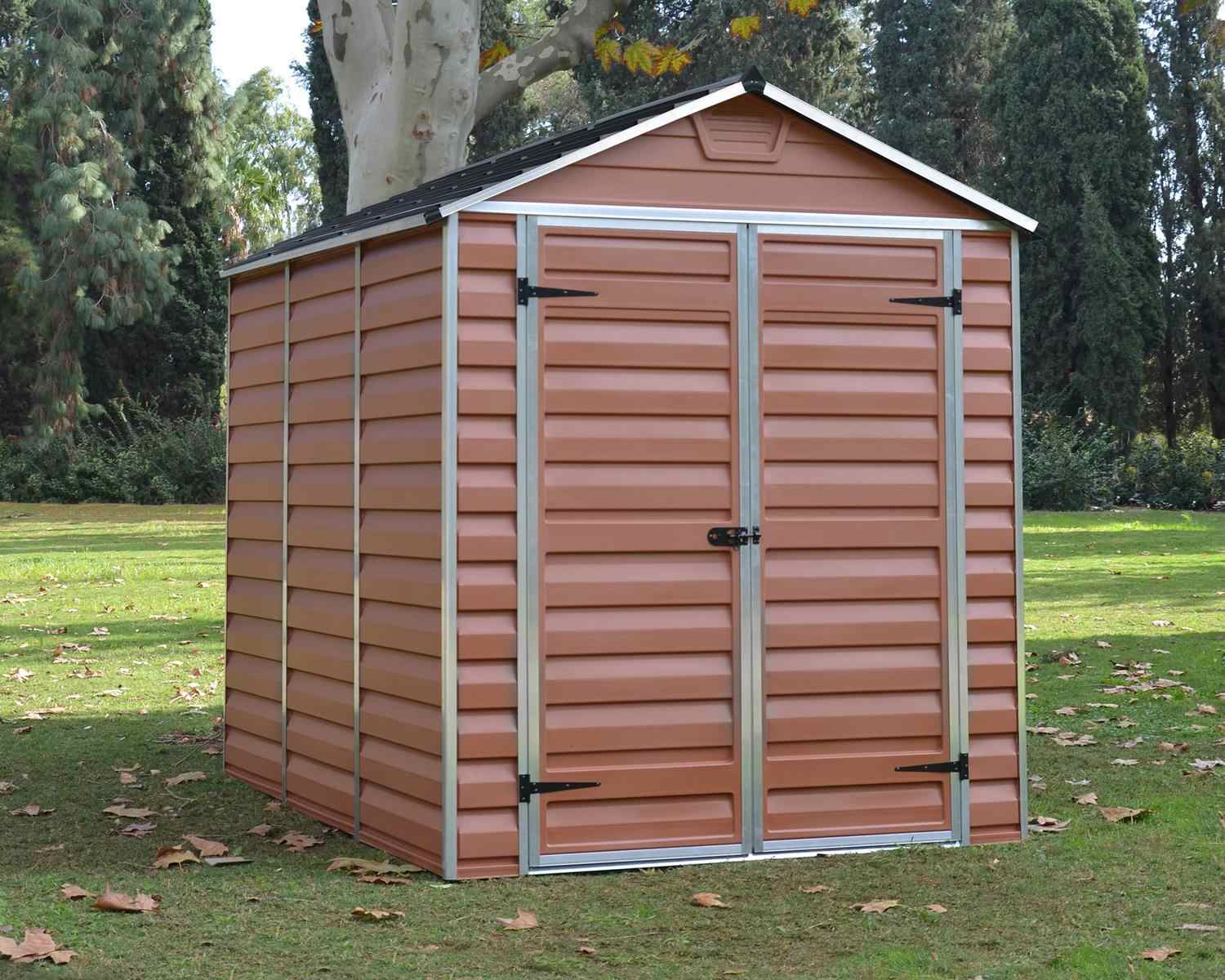 Amber skylight plastic storage shed, measuring 6 ft x 8 ft, featuring a modern design in an outdoor setting with greenery