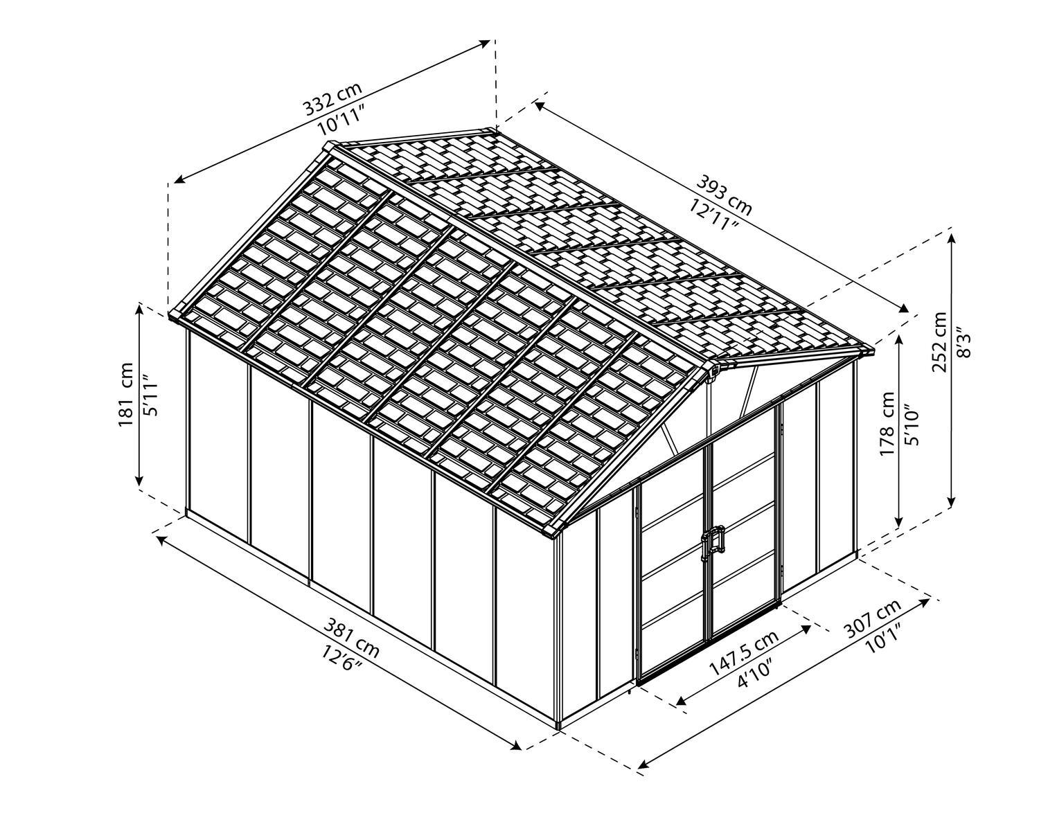 Dark grey Yukon plastic shed, 11 ft x 13 ft, with a gable roof design, situated in a lush garden setting sketch