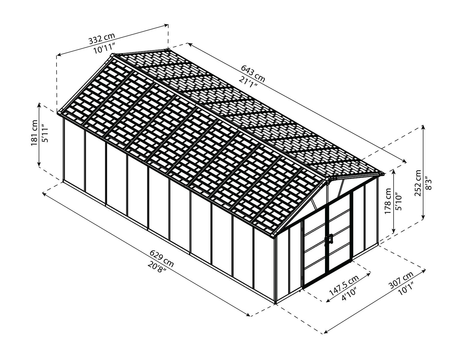 Dark grey Yukon plastic storage shed, 11 ft x 21 ft, featuring a gable roof design, set in a spacious garden with greenery sketch