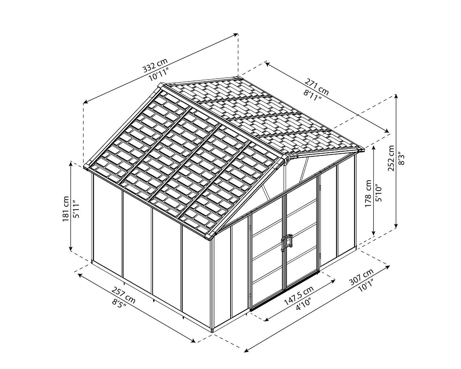 Dark grey Yukon plastic storage shed, 11 ft x 9 ft, featuring a gable roof design, set in a spacious garden with greenery Sketch