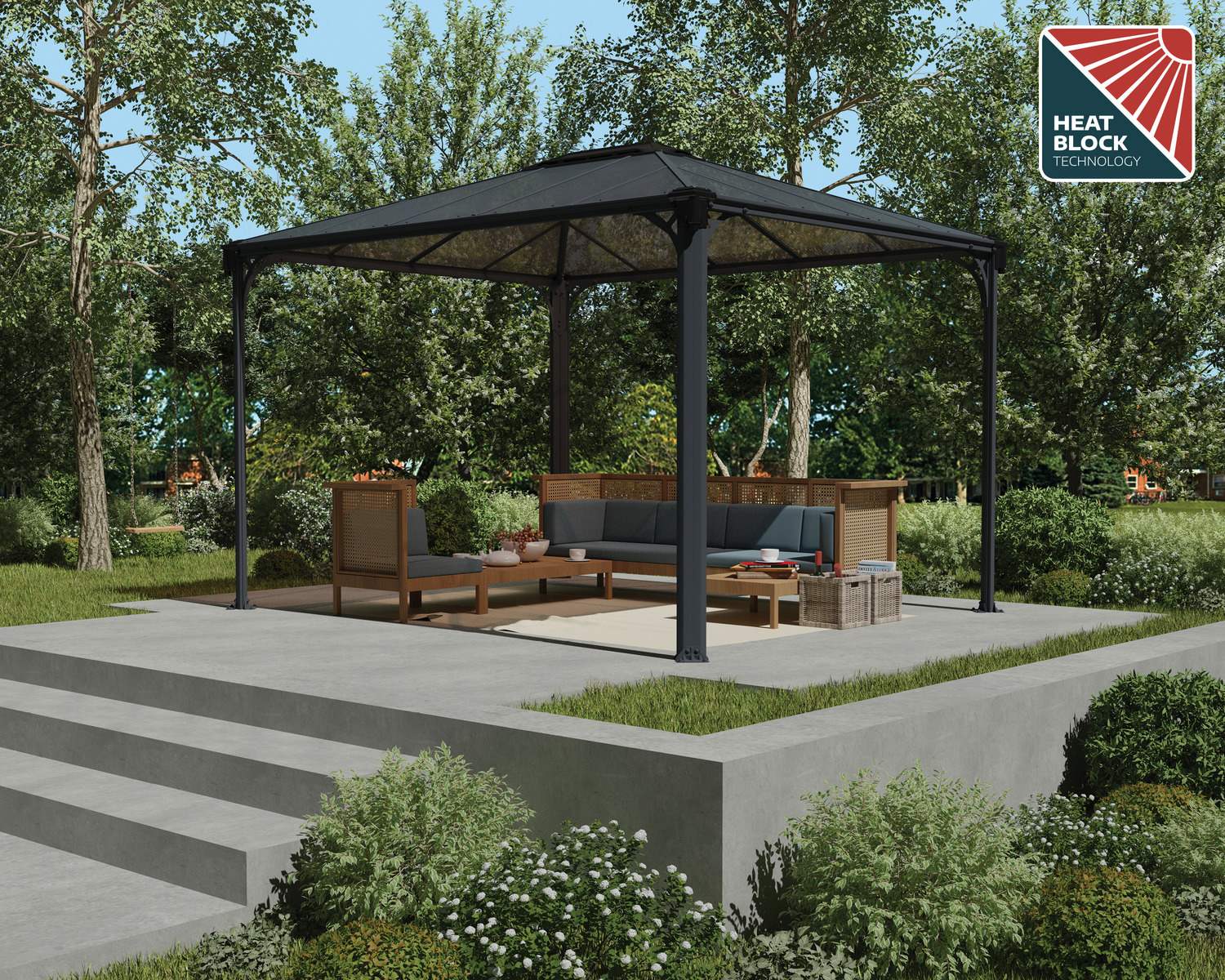 Martinique 10ft x 12ft grey aluminum gazebo with HEAT BLOCK technology, modern design, and a durable frame