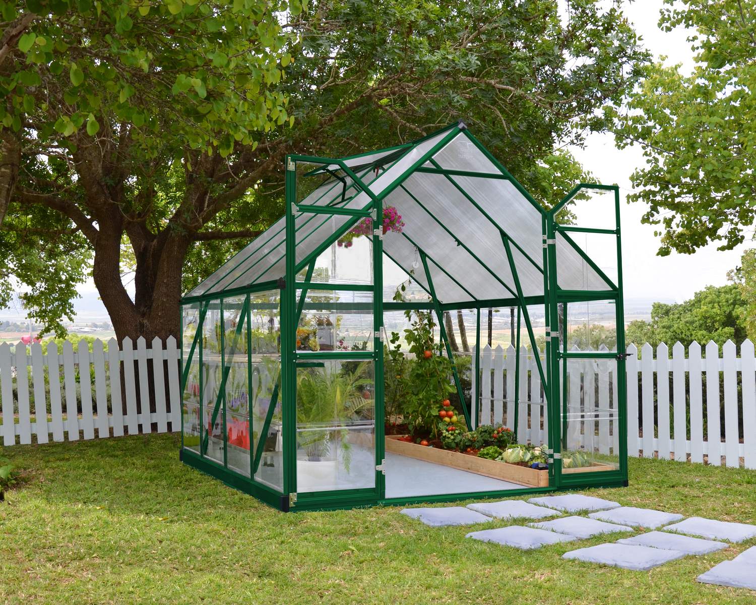 8ft x 8ft green Balance greenhouse with polycarbonate panels and aluminium frame, brimming with plants, beside a white picket fence and shaded by a tree
