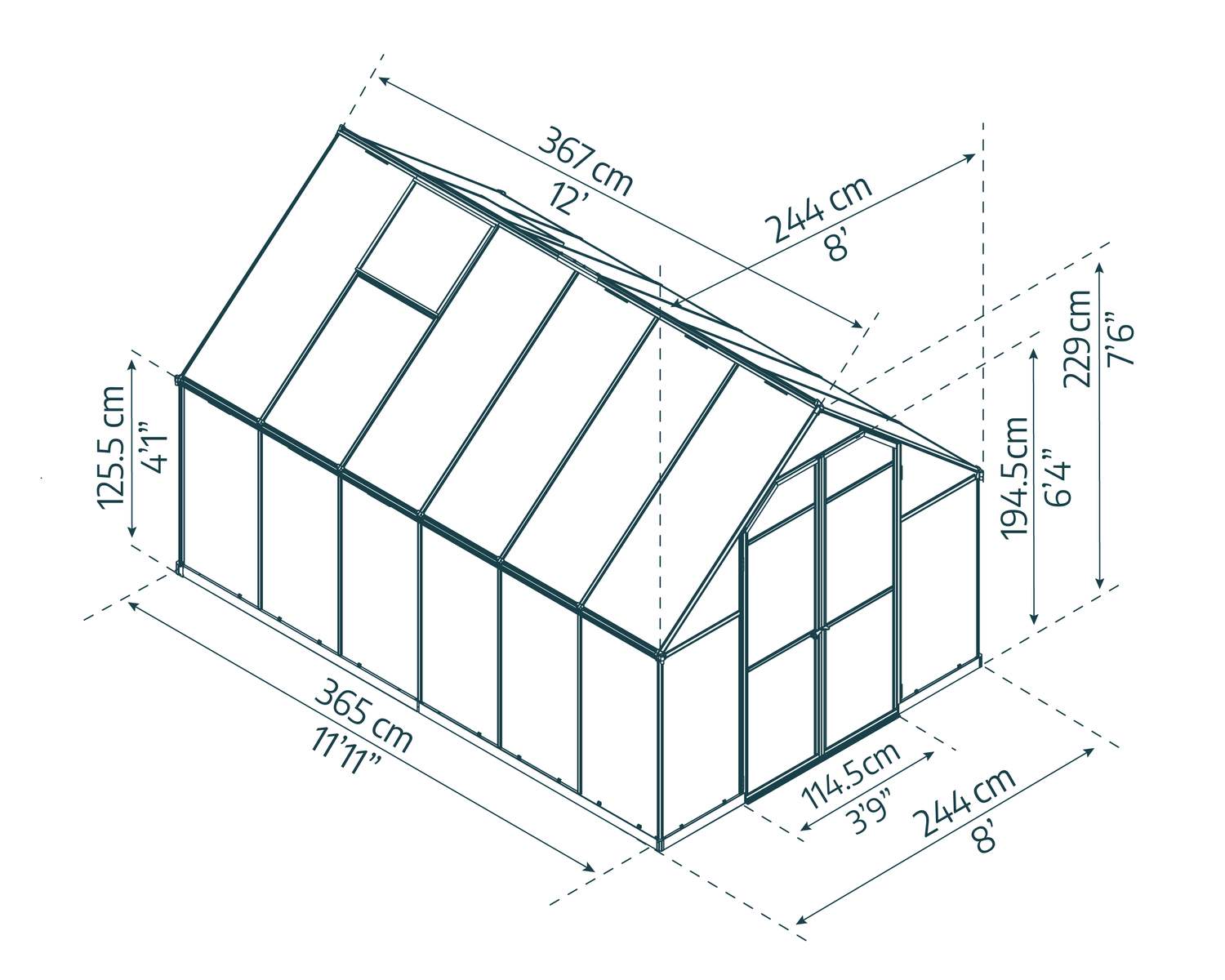 Essence 8x12 Silver greenhouse with polycarbonate panels, double doors, and a sloped roof, set in a vibrant garden sketch