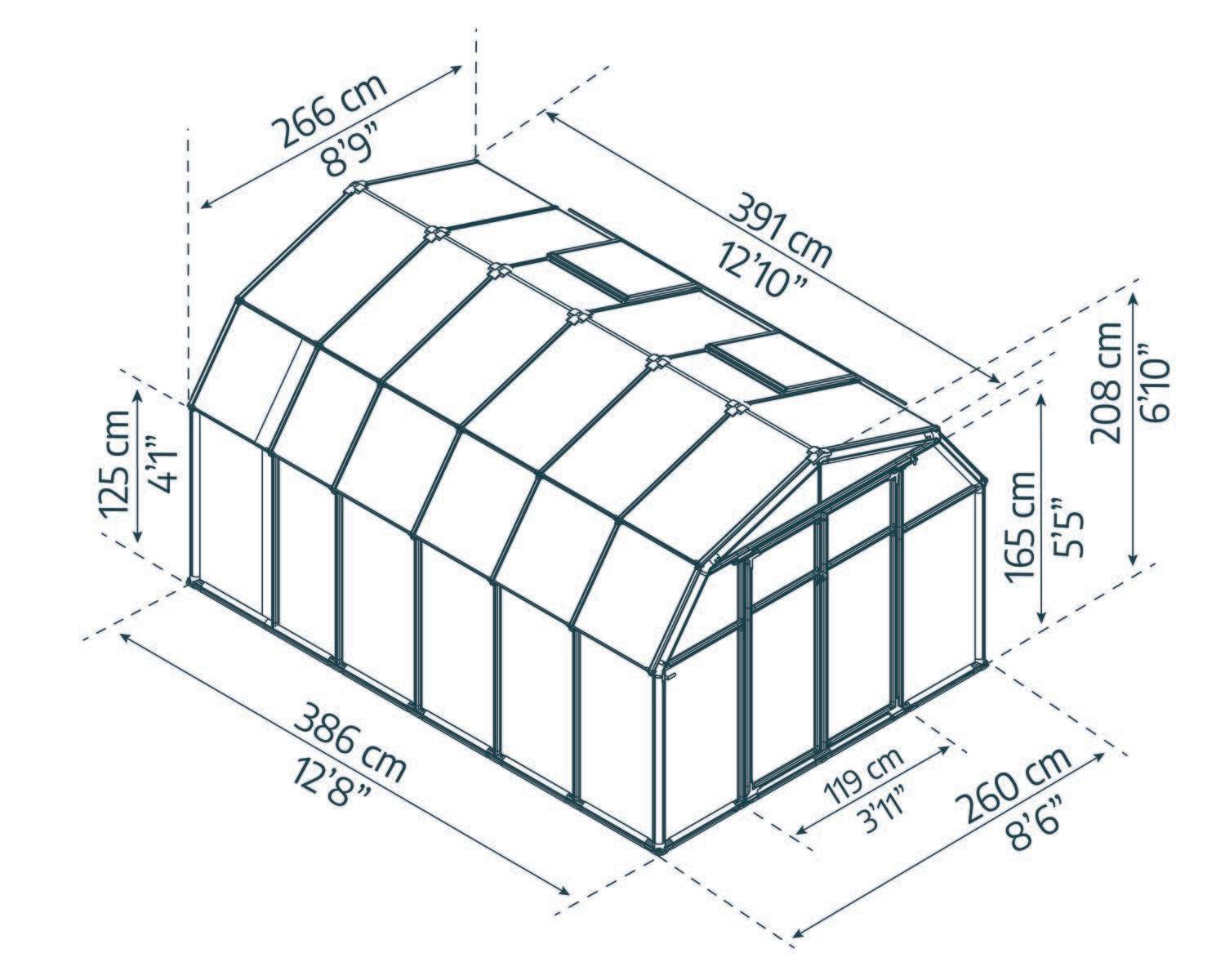 Hobby Gardener 8ft x 12ft greenhouse with a sturdy frame and polycarbonate panels, filled with plants, in a residential backyard sketch
