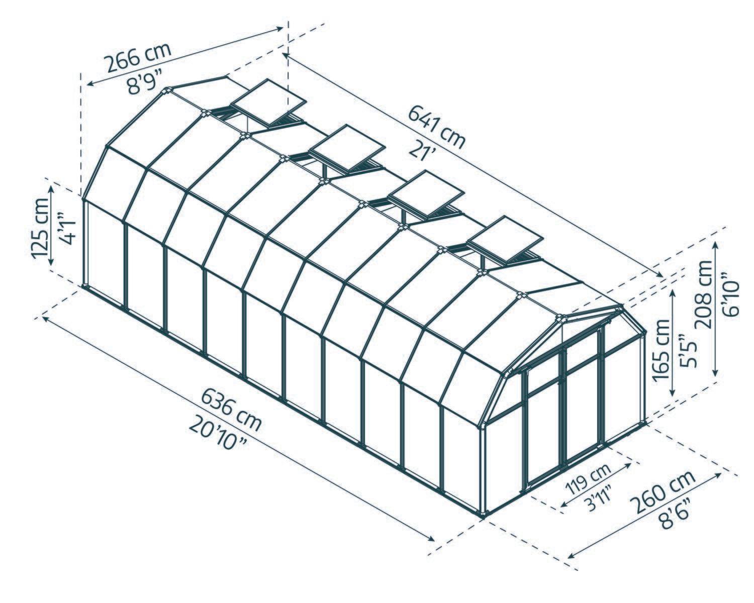 Hobby Gardener 8ft x 20ft green greenhouse with polycarbonate panels, filled with plants, in a lush garden under a blue sky sketch
