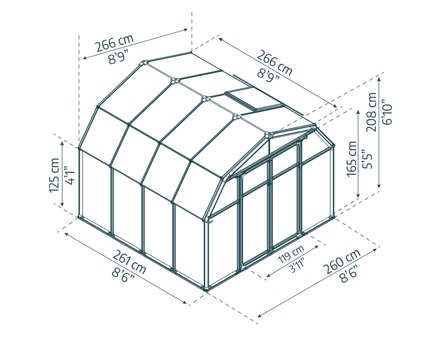 Hobby Gardener 8ft x 8ft greenhouse with a sturdy frame and polycarbonate panels, teeming with plants, nestled in a lush garden sketch
