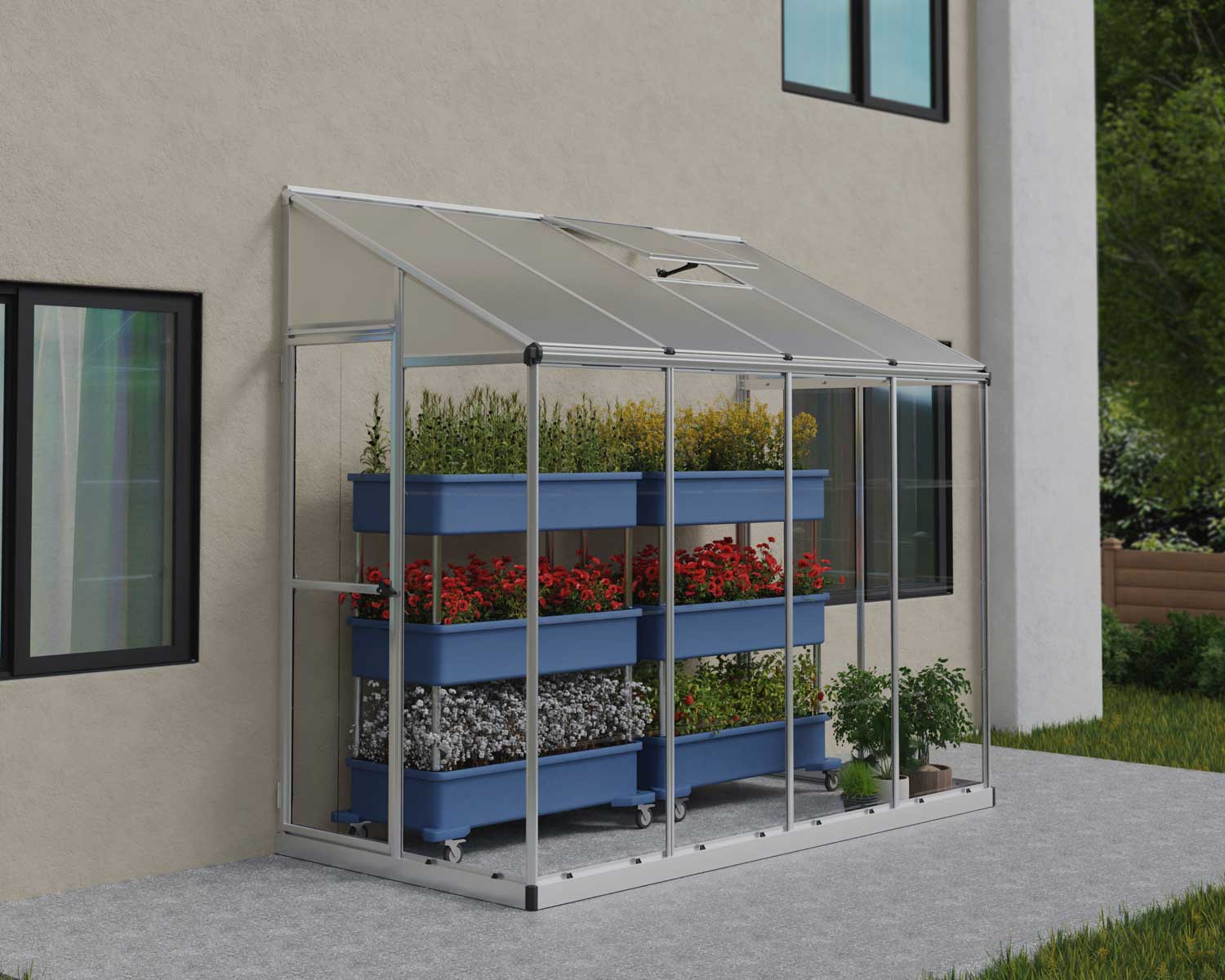 Lean-To GrowHouse 8ft x 4ft silver greenhouse with clear polycarbonate panels, mounted against a wall to optimize space