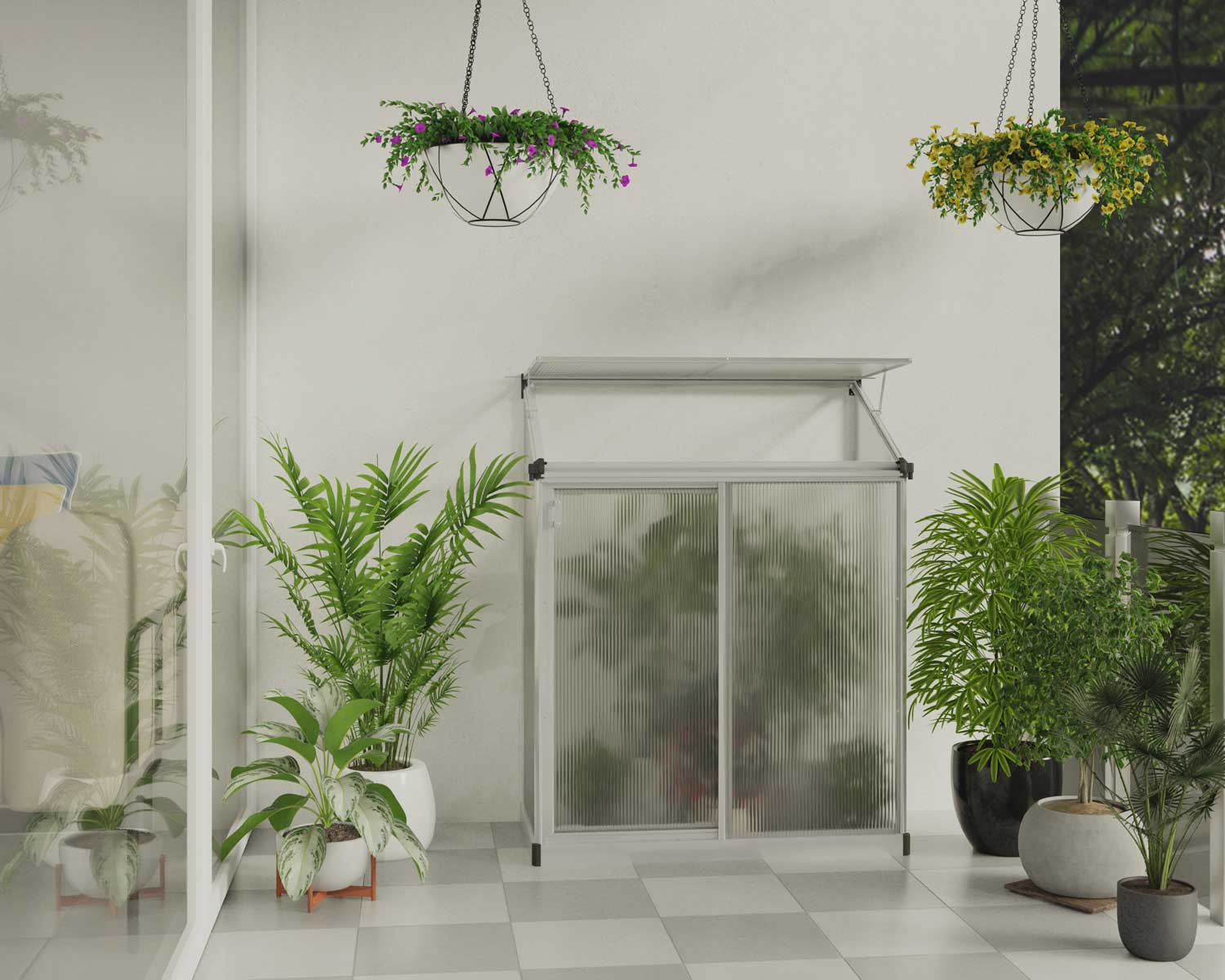 Lean-To GrowHouse 4ft x 2ft greenhouse with twin-wall polycarbonate panels, mounted against a wall for space efficiency