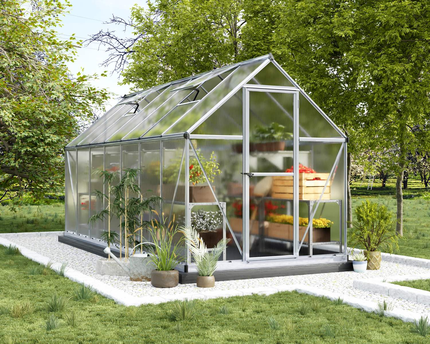 6ft x 14ft silver Mythos greenhouse with an aluminum frame and clear polycarbonate panels, set in a garden surrounded by greenery