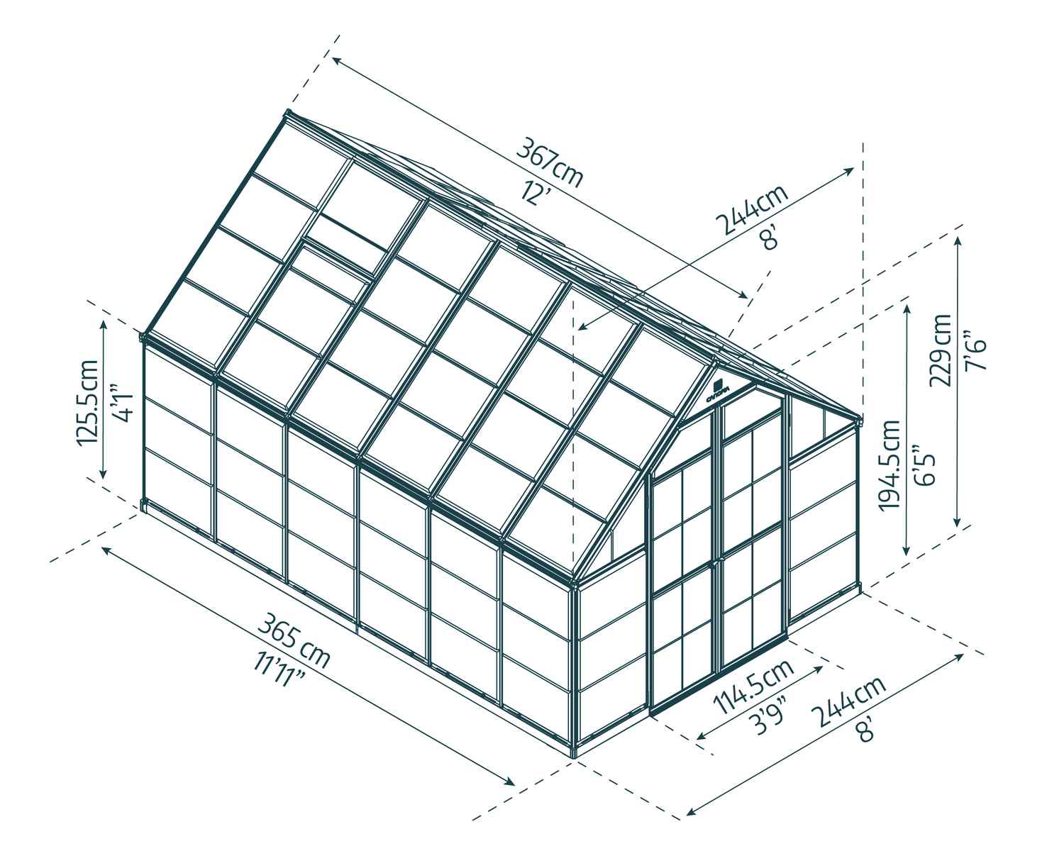 Octave 8ft x 12ft greenhouse with a silver frame and clear polycarbonate panels, designed for durability and optimal light diffusion sketch
