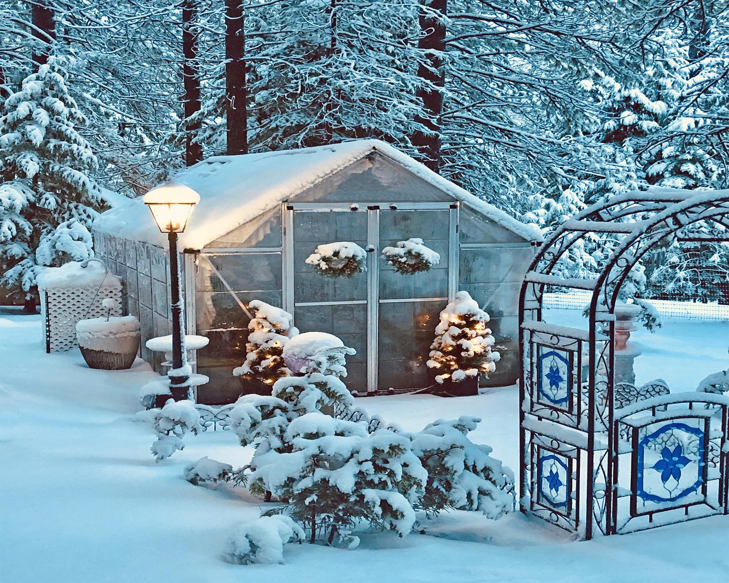 Greenhouse Snap & Grow on a snowy night