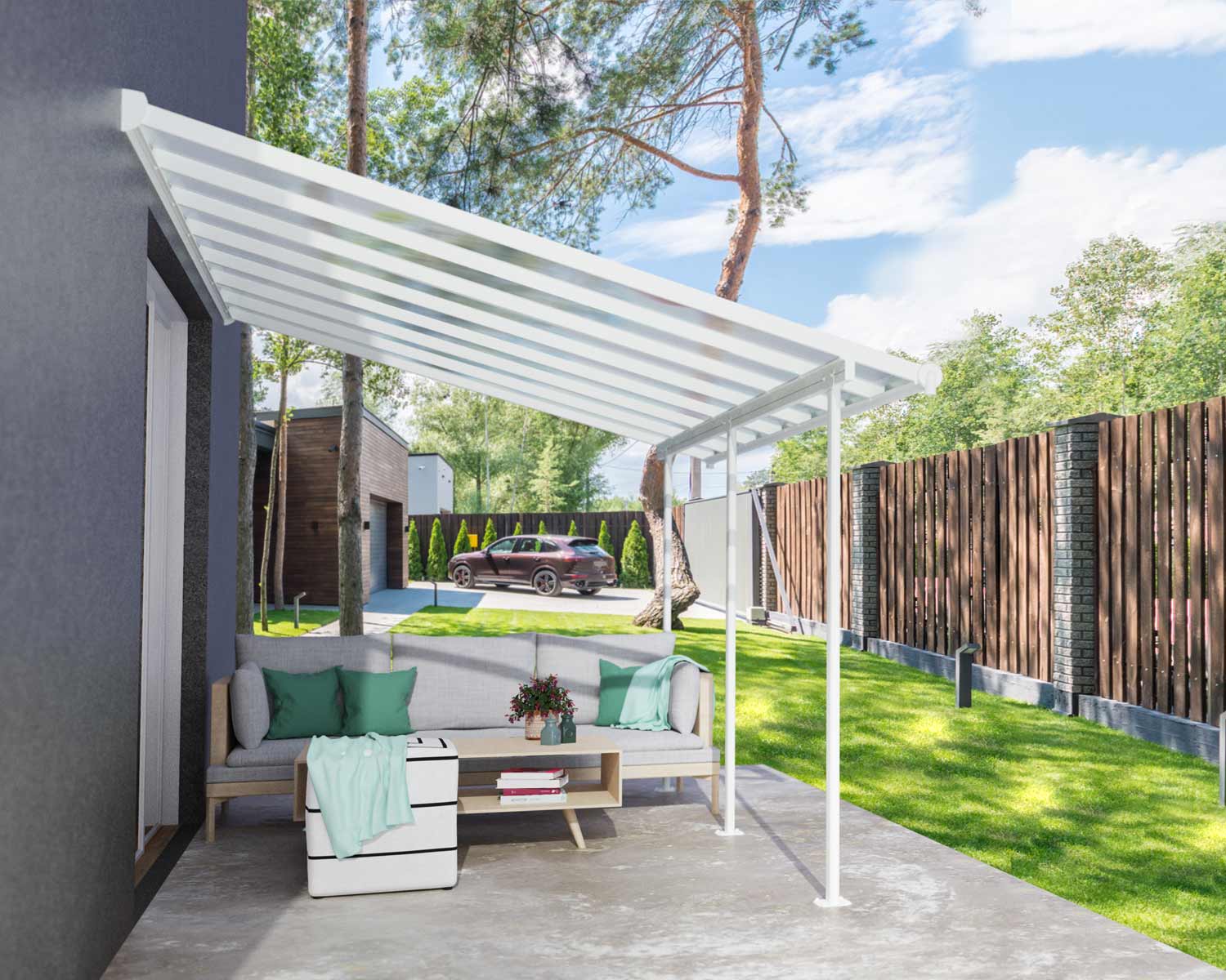 Sierra 10 ft. x 14 ft. Patio Cover white Aluminium Patio Cover With 3 Posts, Clear twin-wall polycarbonate roof panels on Deck