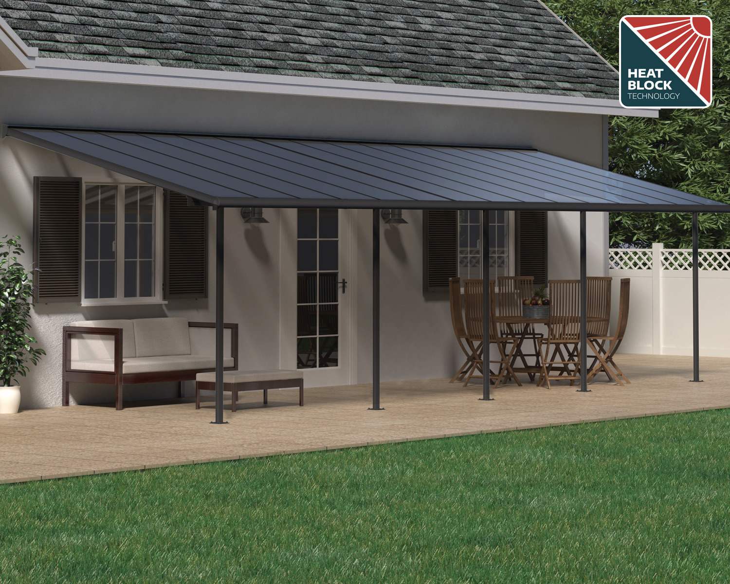 Capri 10 ft. x 30 ft. Grey Aluminium Patio Cover with 5 Posts Attached to House that Covers Patio Outdoor Furniture.