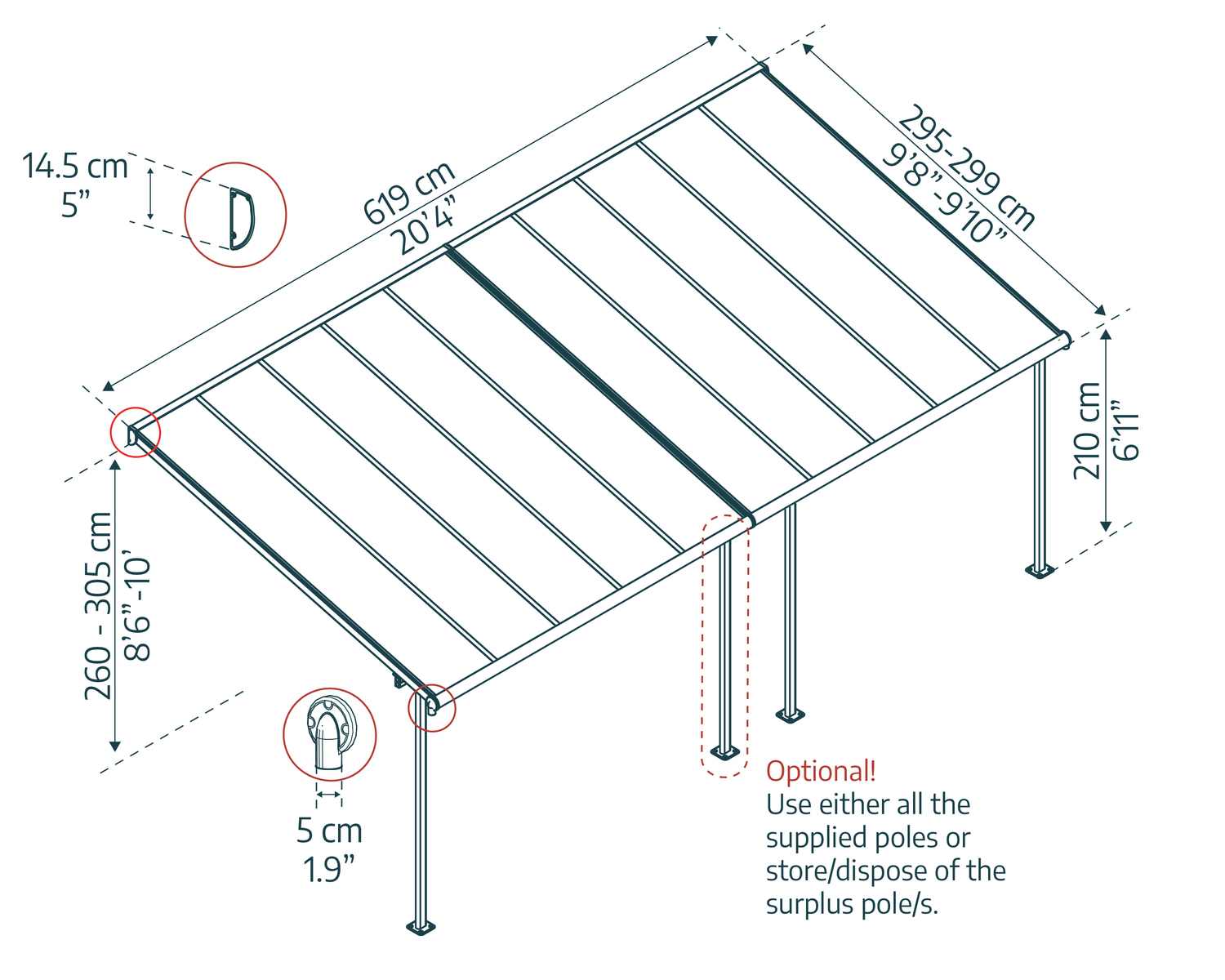 Sierra 10 ft. x 20 ft. Aluminium Patio Cover with 3 Posts sketch
