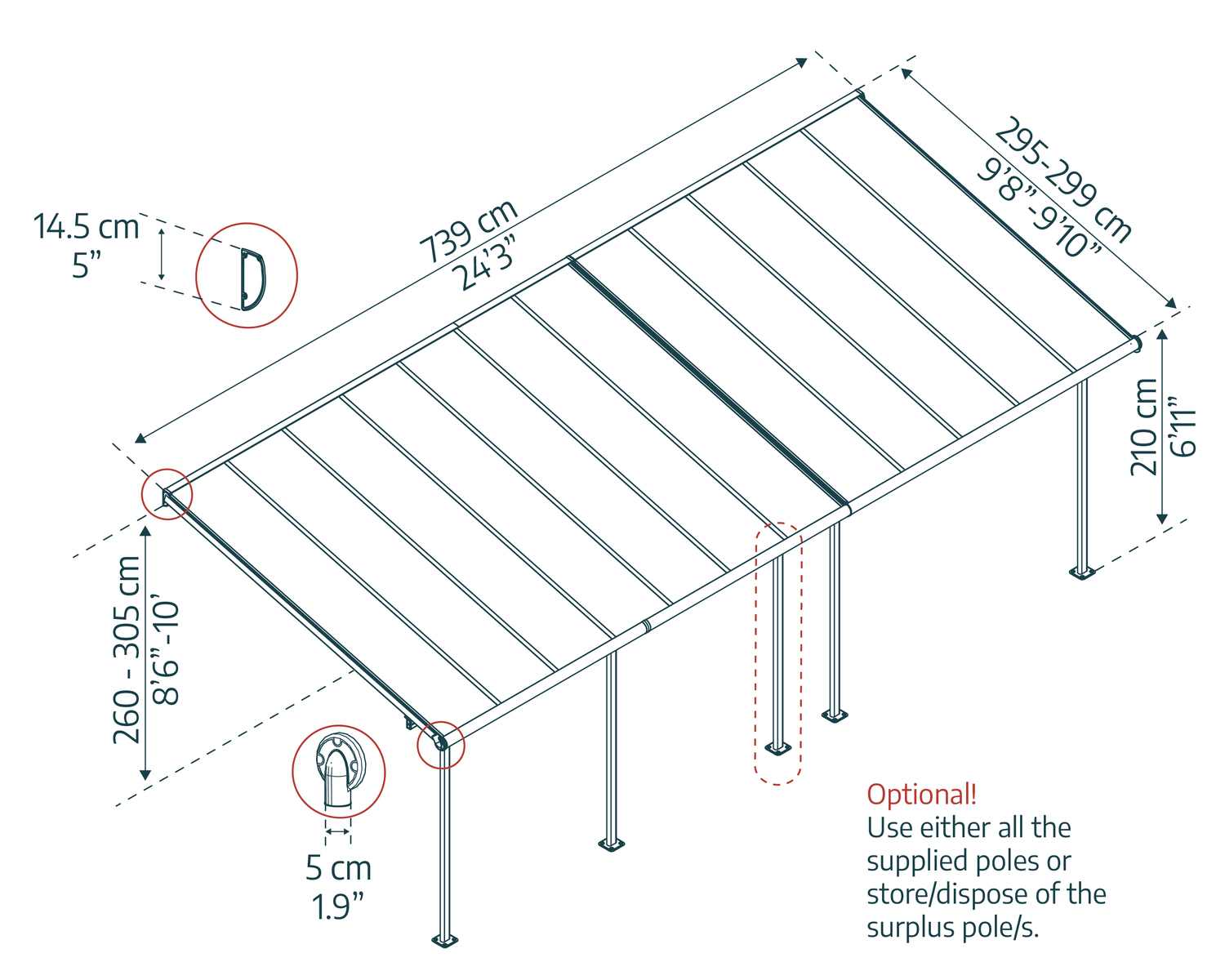 Sierra 10 ft. x 24 ft. Patio Cover With 4 Posts Aluminium With twin-wall polycarbonate roof panels sketch