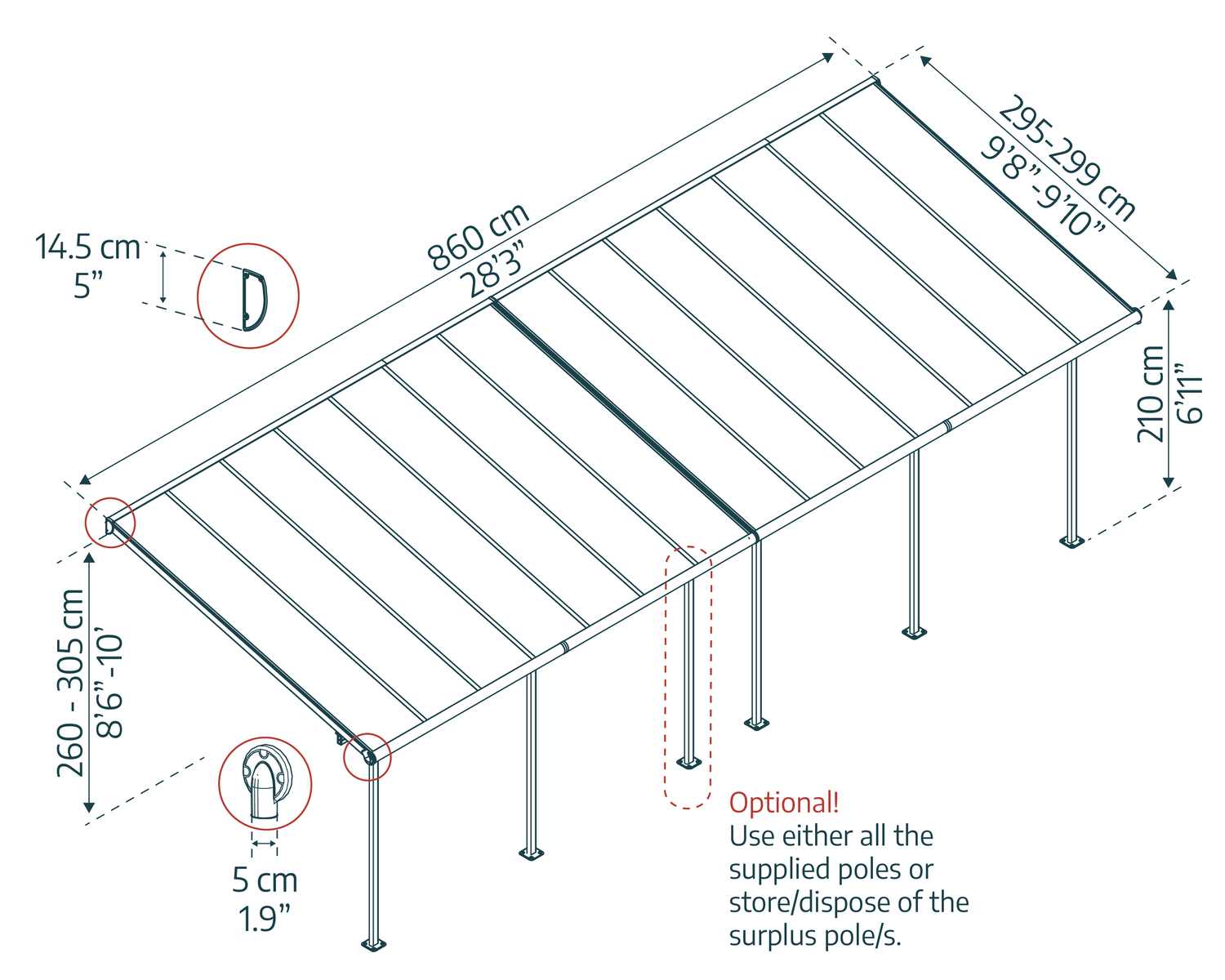 Sierra 10 ft. x 28 ft. Patio Cover Aluminium Patio Cover With twin-wall polycarbonate roof panels sketch
