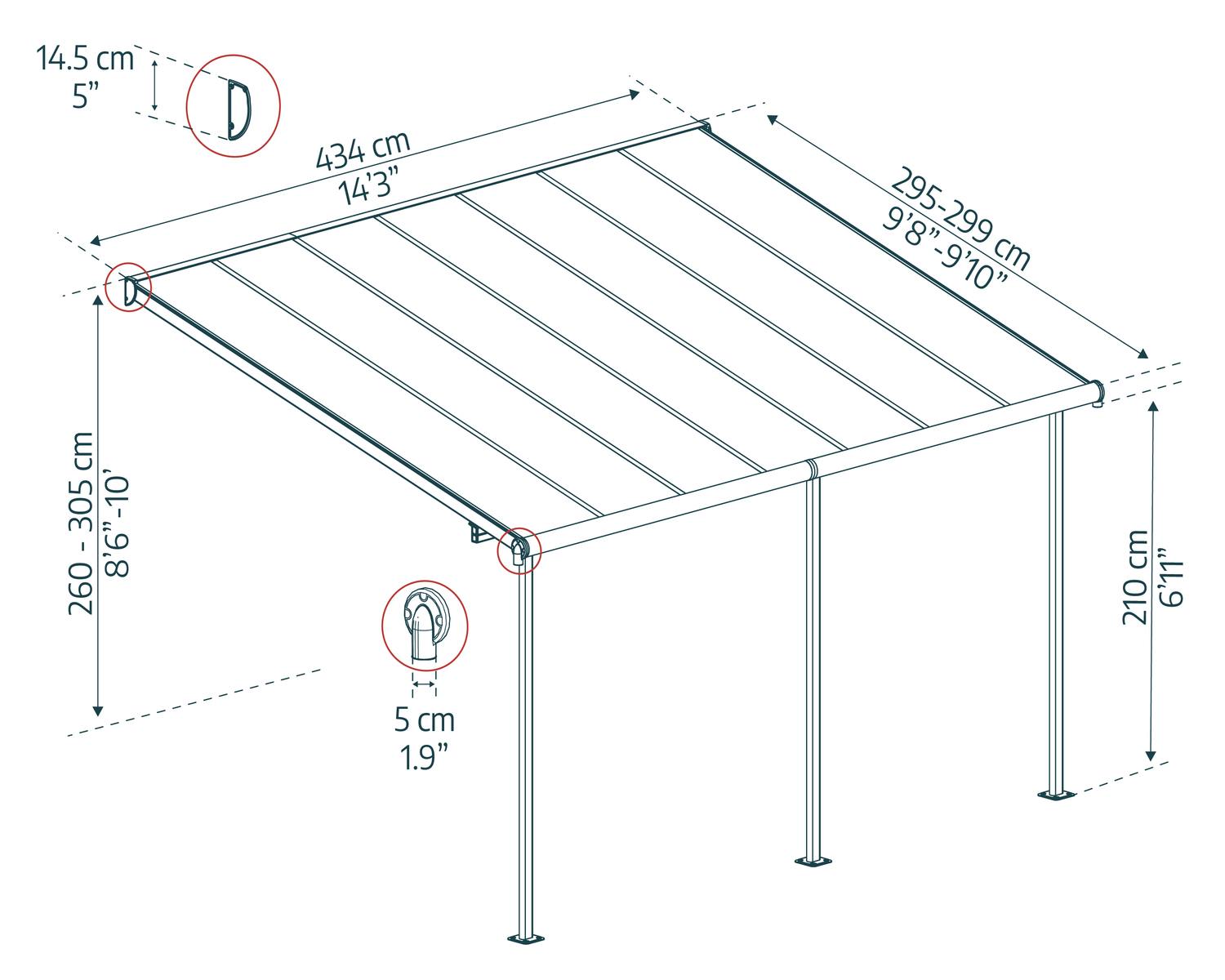Capri 10 ft. x 14 ft. Aluminium Patio Cover with 3 Posts sketch