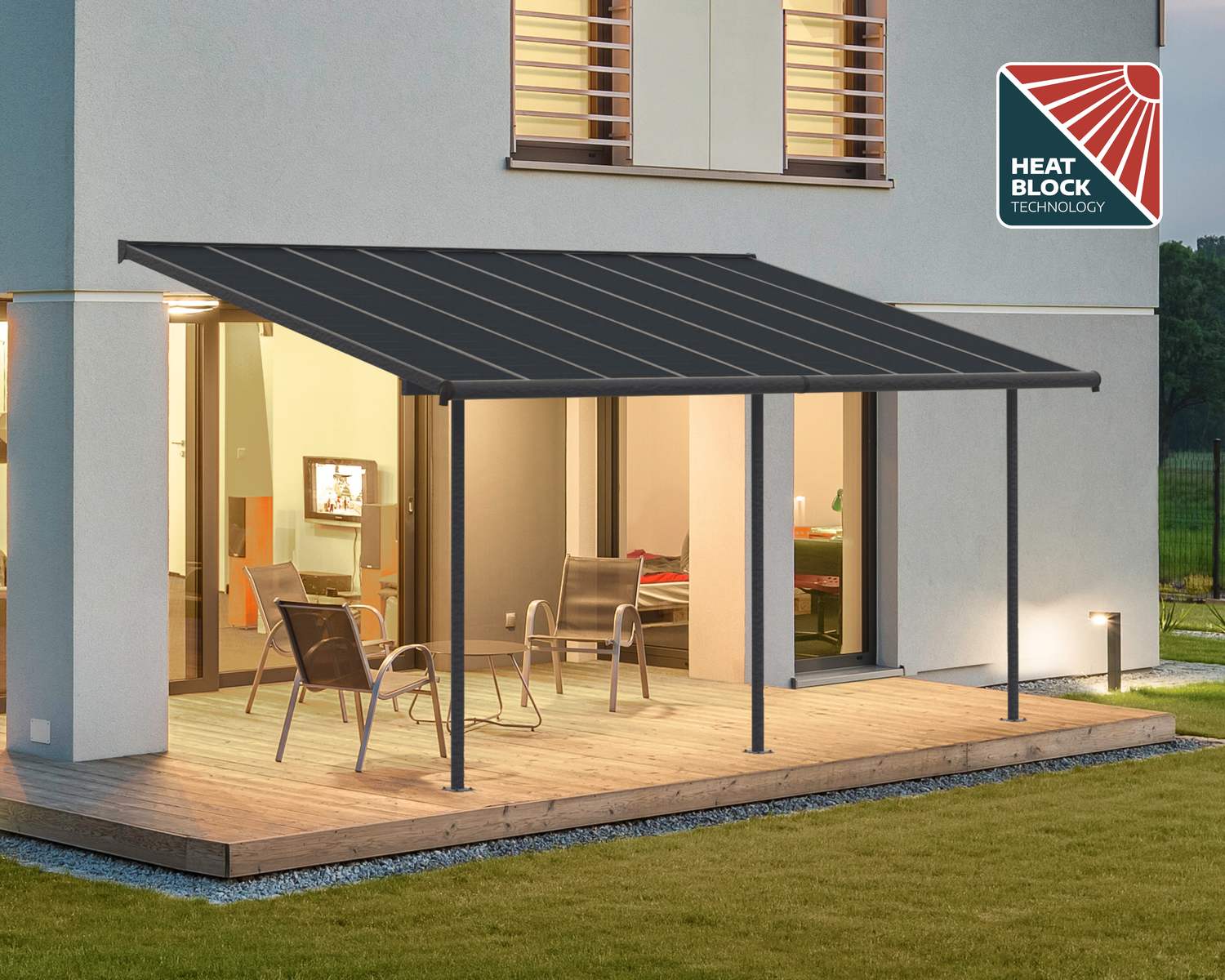 Capri 10 ft. x 18 ft. Grey Aluminium Patio Cover with 3 Posts Attached to House that Covers Patio Outdoor Furniture.