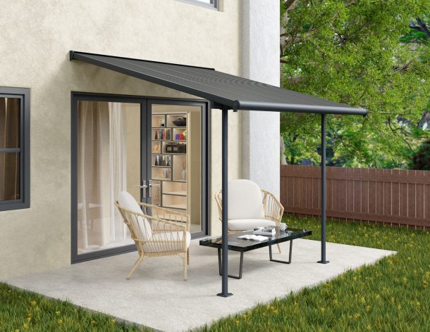 Capri 10 ft. x 10 ft. Grey Aluminium Patio Cover with 2 Posts Attached to House that Covers Patio Outdoor Furniture.