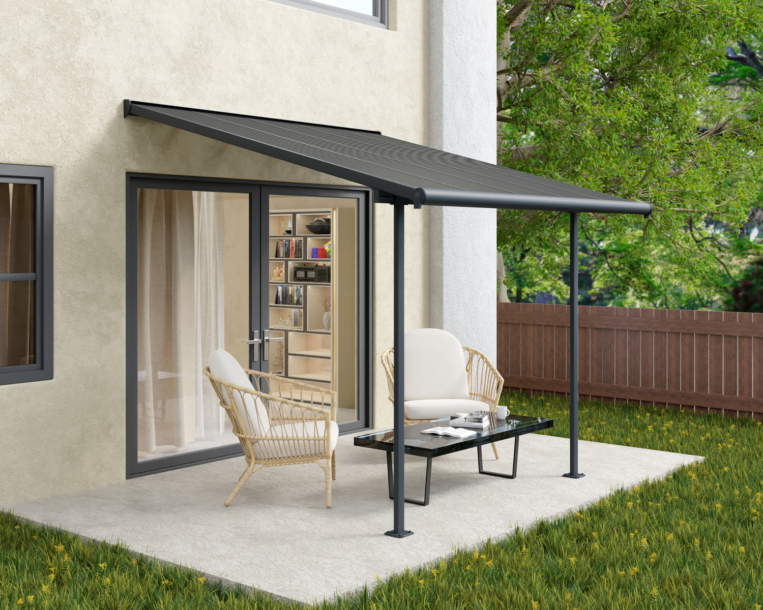 Capri 10 ft. x 10 ft. Grey Aluminium Patio Cover with 2 Posts Attached to House that Covers Patio Outdoor Furniture.