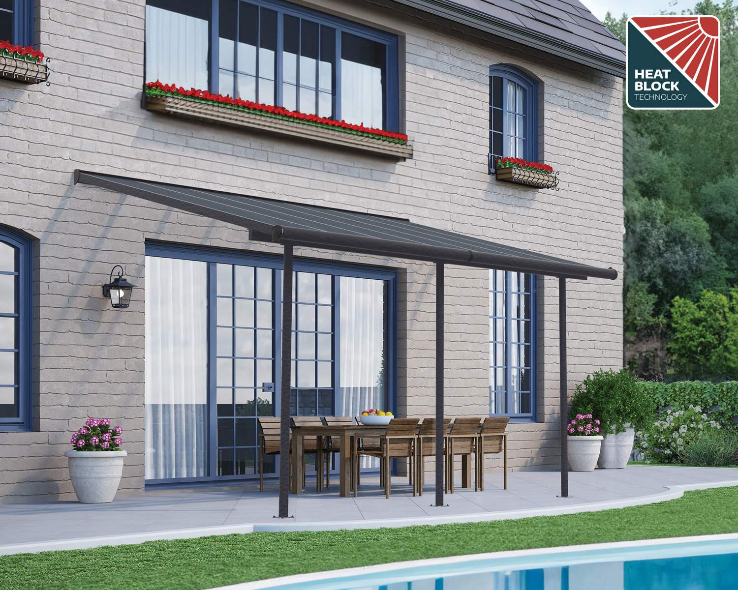 Capri 10 ft. x 14 ft. Grey Aluminium Patio Cover with 3 Posts Attached to House that Covers Patio Outdoor Furniture.