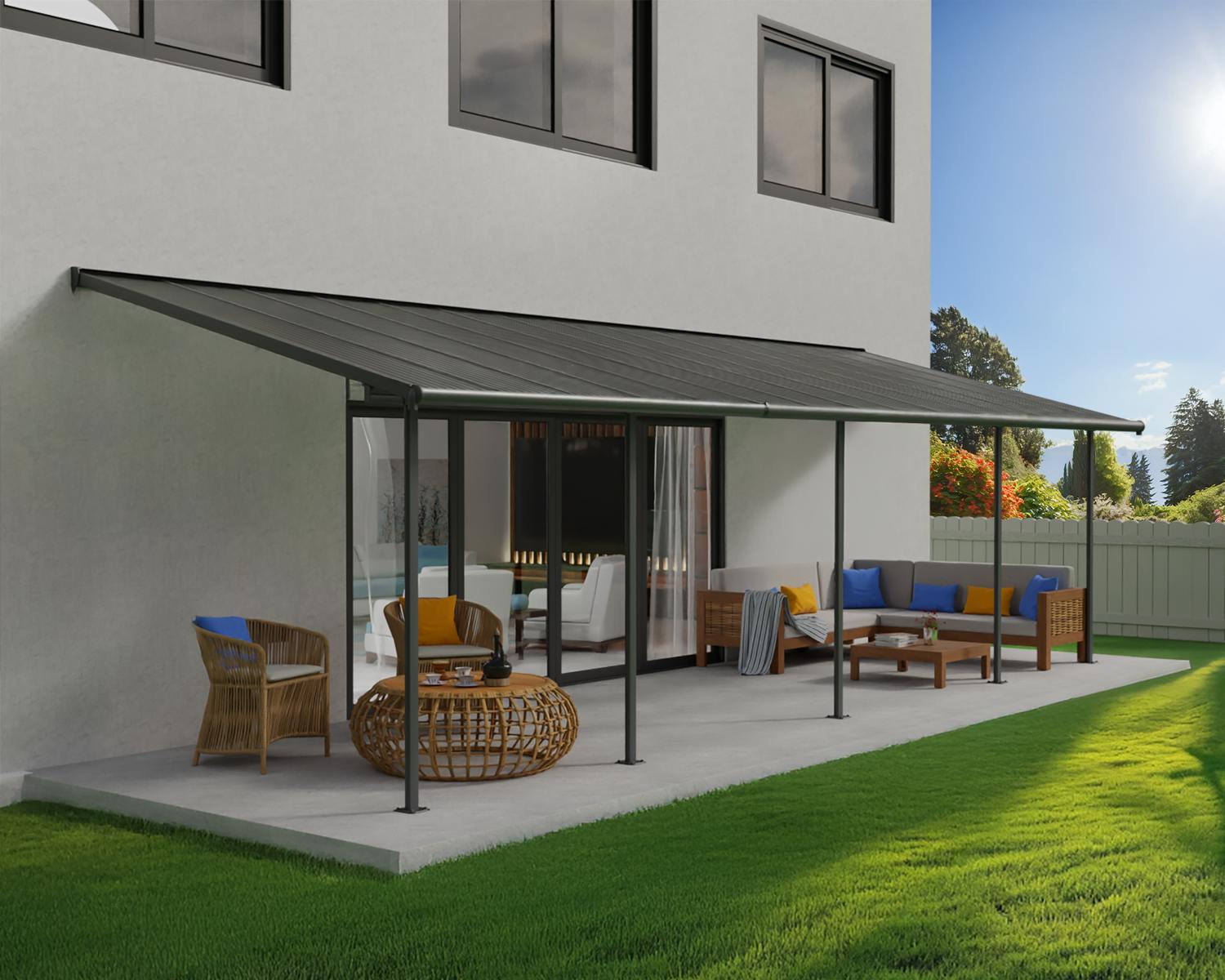 Capri 10 ft. x 32 ft. Grey Aluminium Patio Cover with 5 Posts Attached to House that Covers Patio Outdoor Furniture.